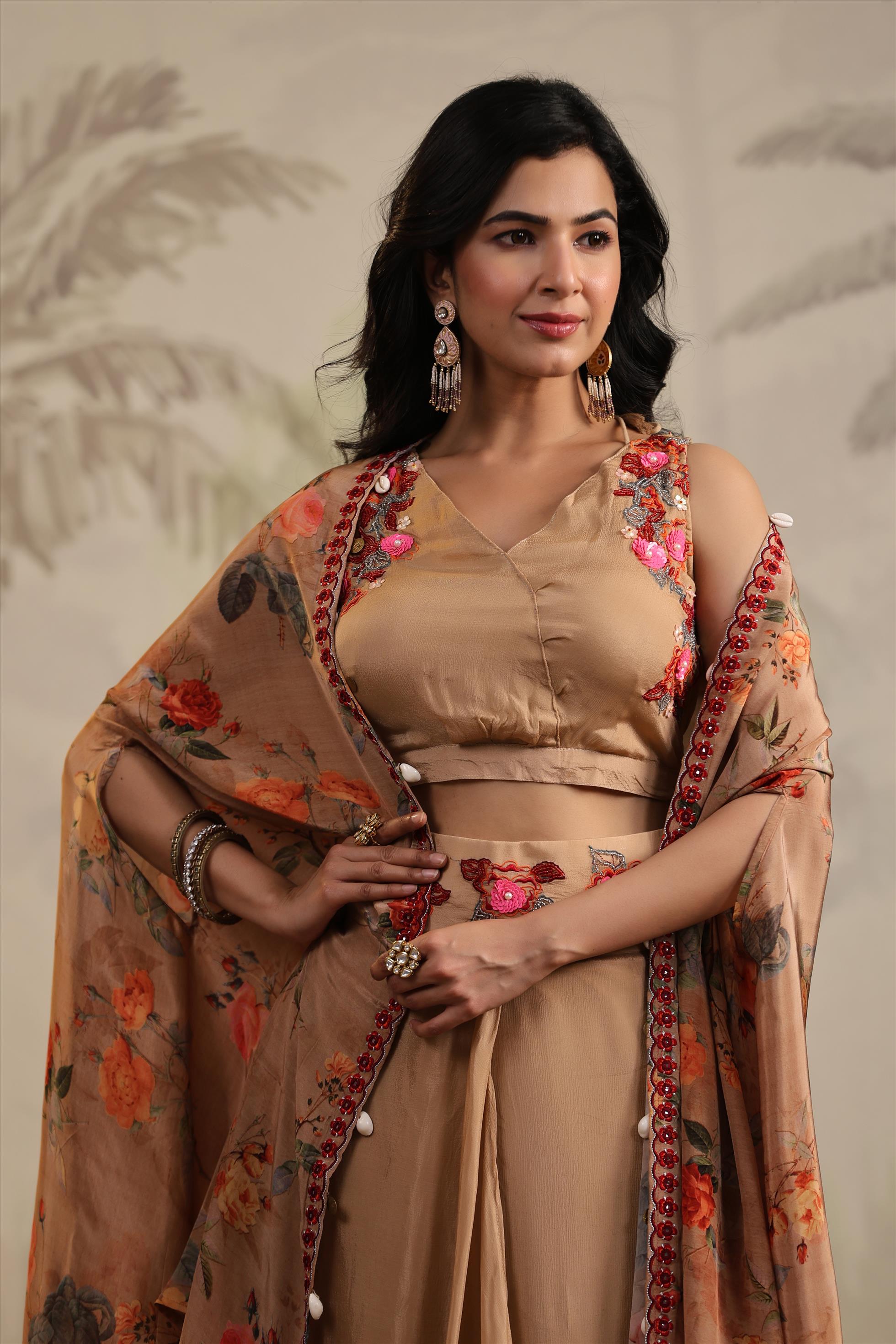 Taupe Chinon Silk Floral Print & Embroidered Cape Set