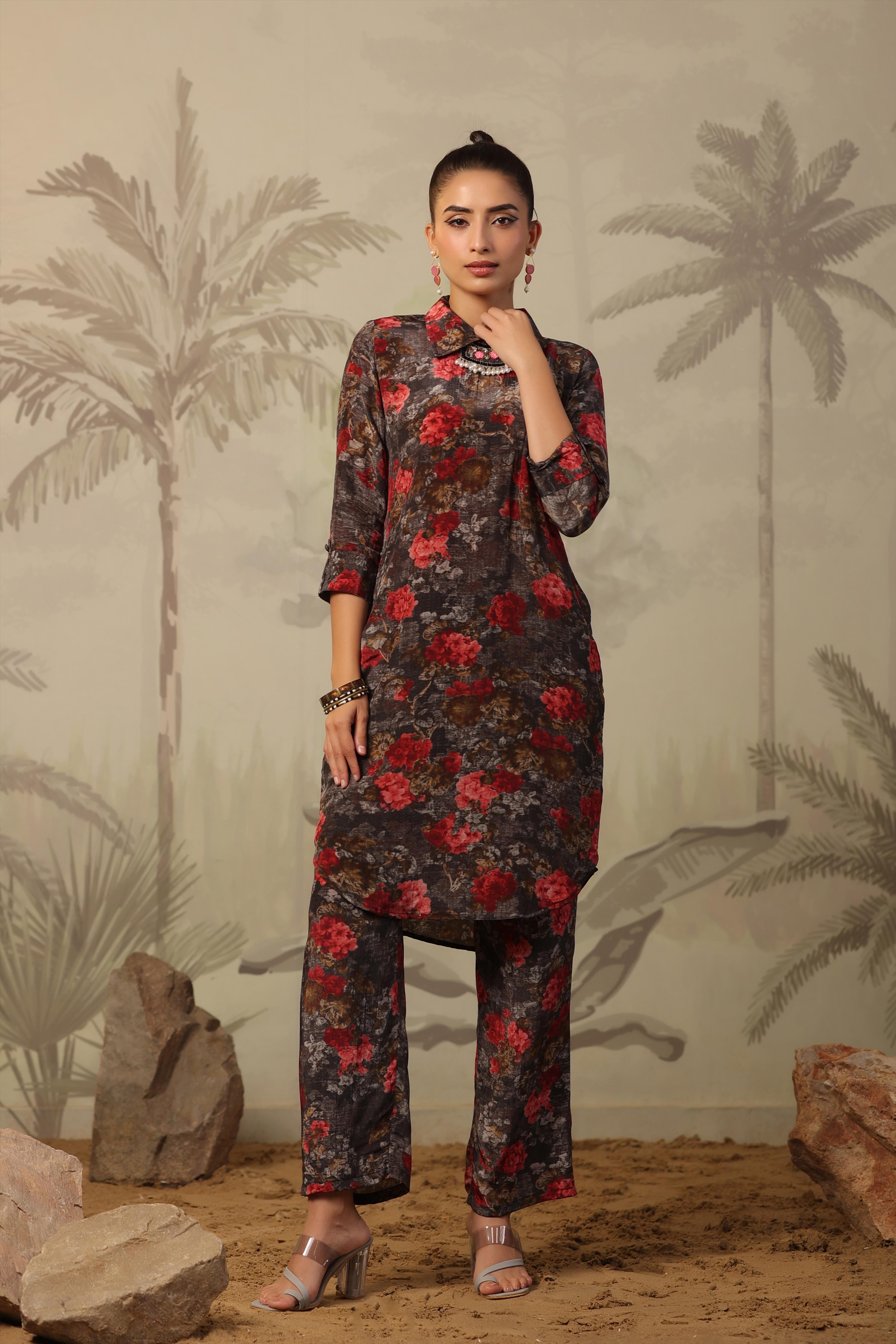 Charcoal Crepe Silk Floral Print Co-Ord Set