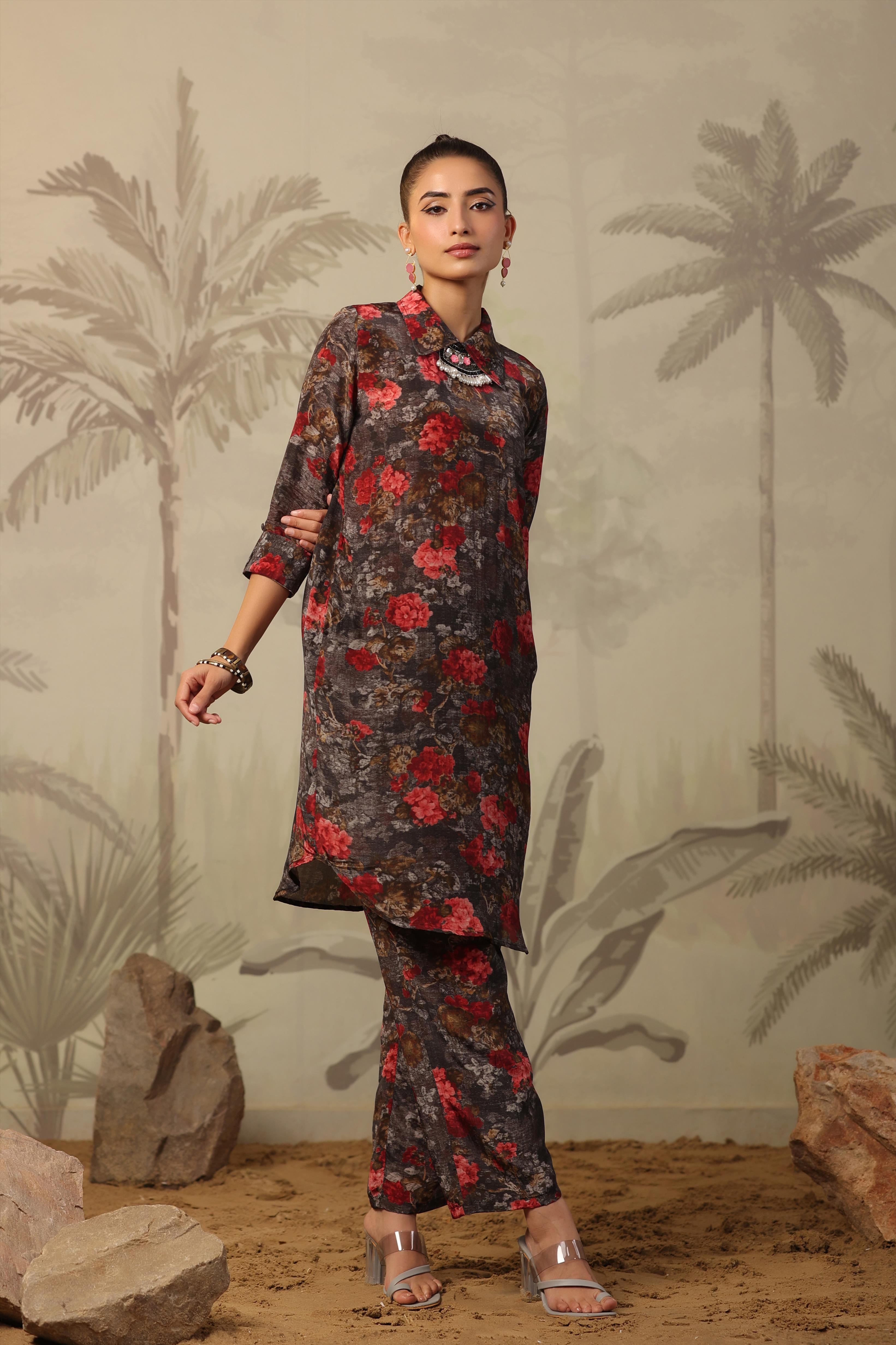 Charcoal Crepe Silk Floral Print Co-Ord Set