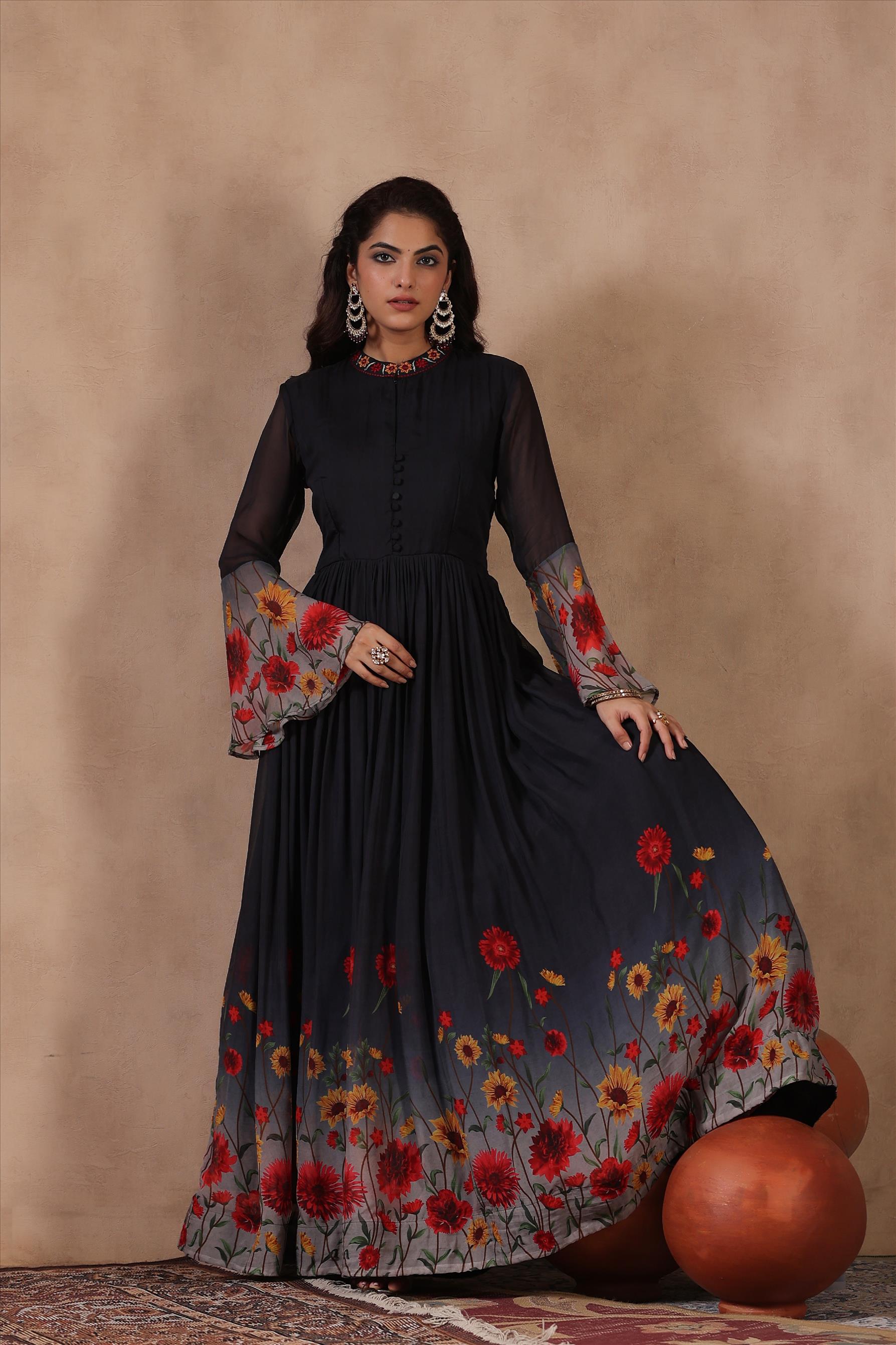 Black Organza Floral Print Gathered Gown