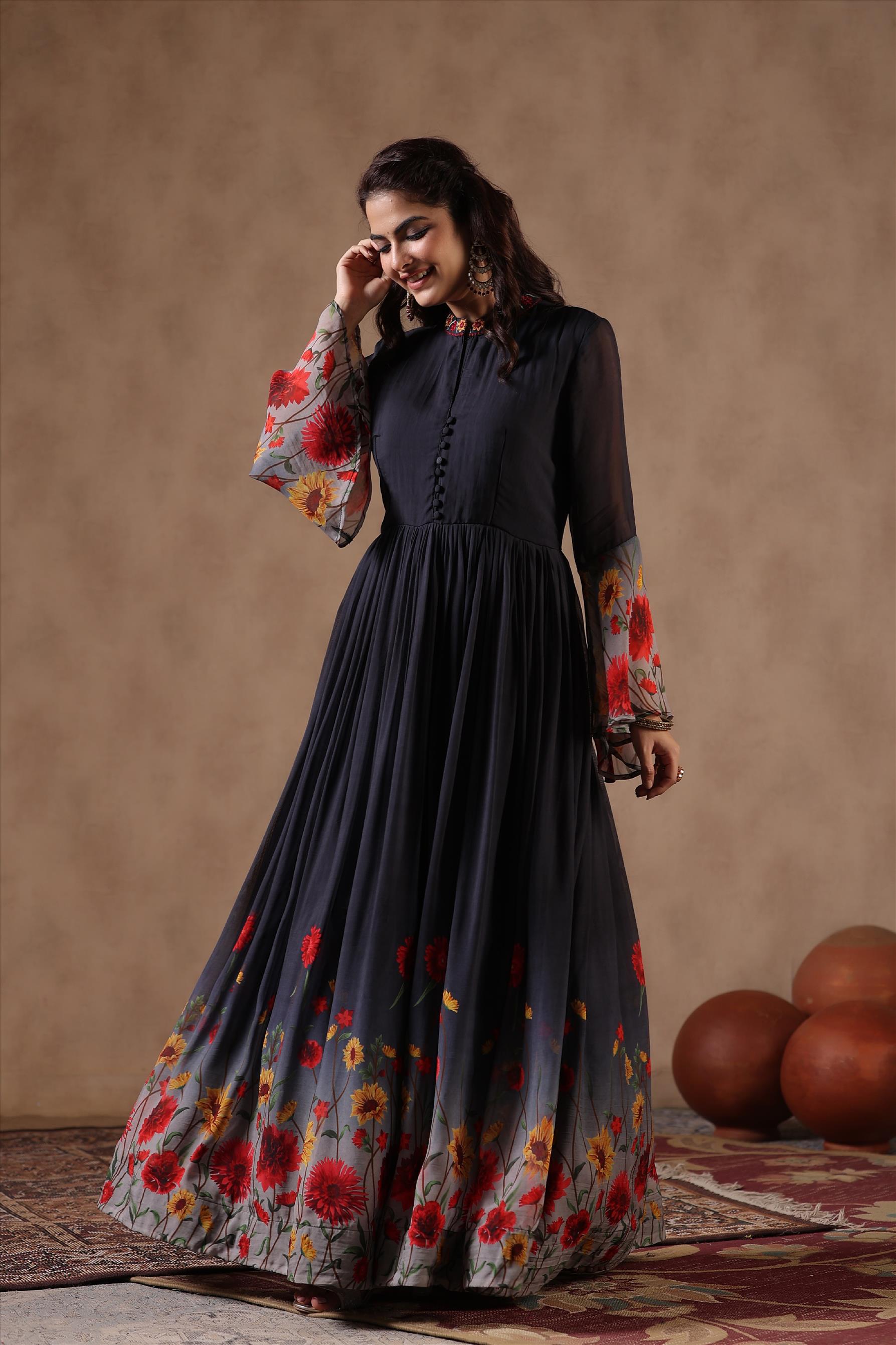 Black Organza Floral Print Gathered Gown