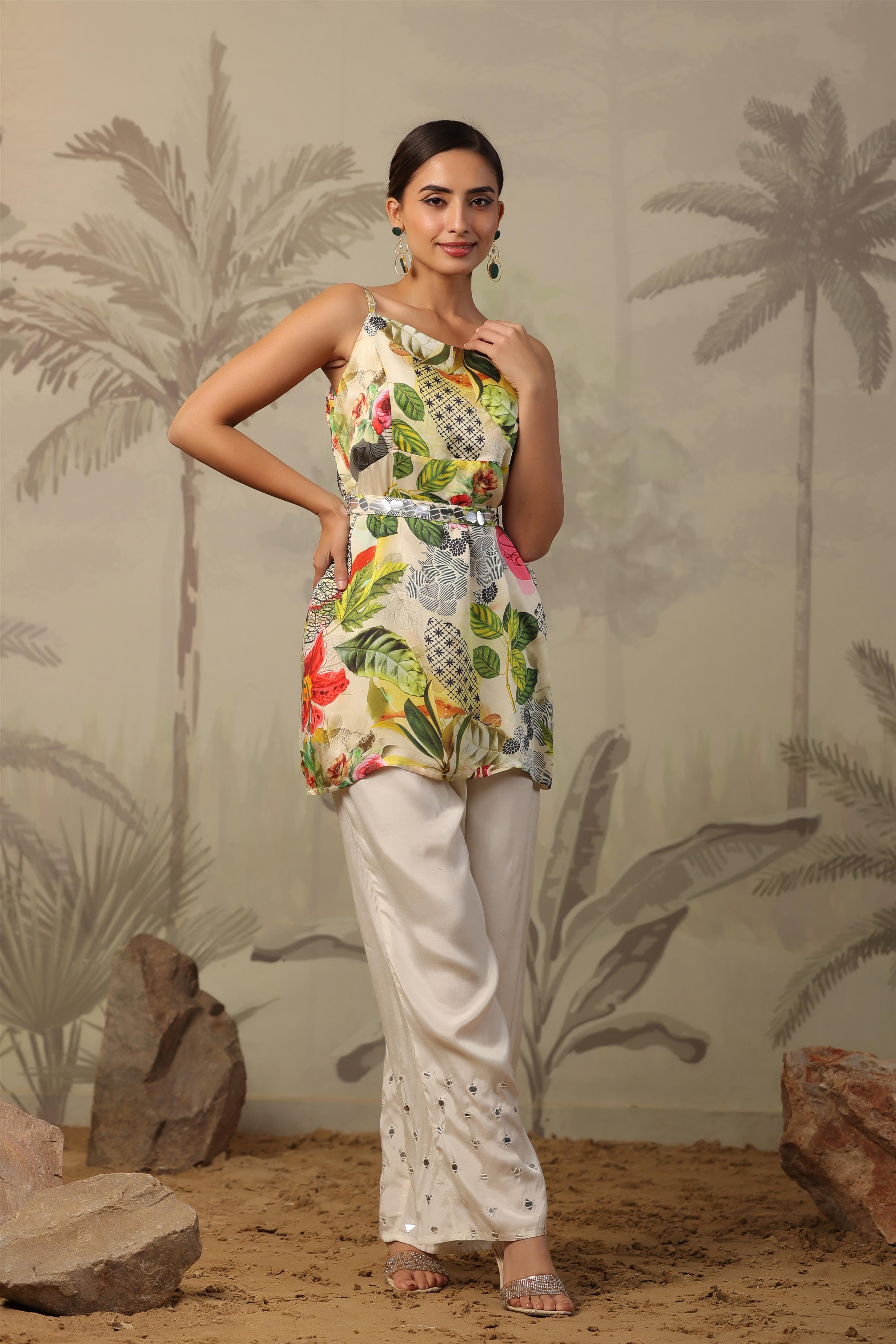 Ivory Satin Printed-Solid Co-Ord Set