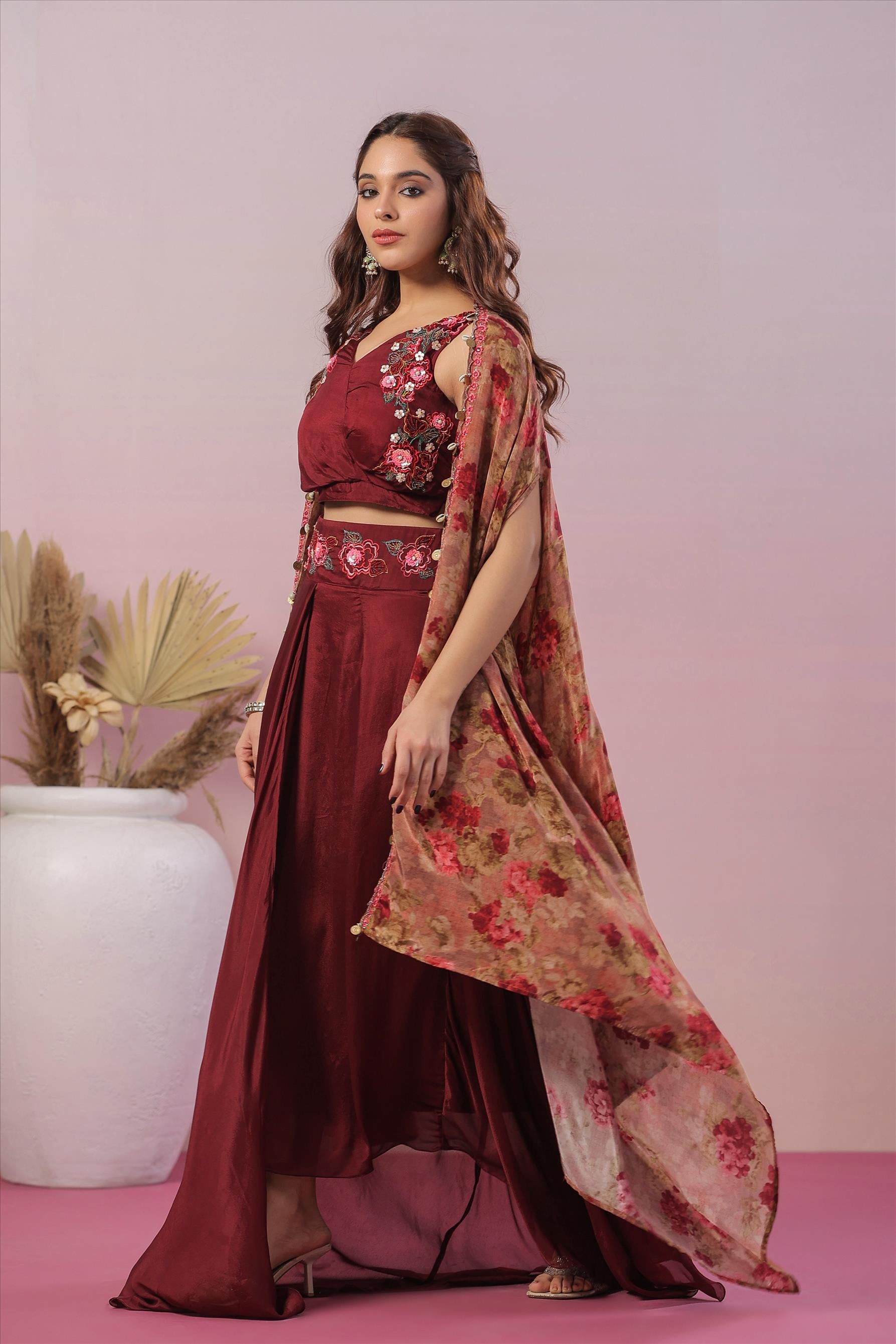 Burgundy Chinon Silk Floral Print & Embroidered Cape Set