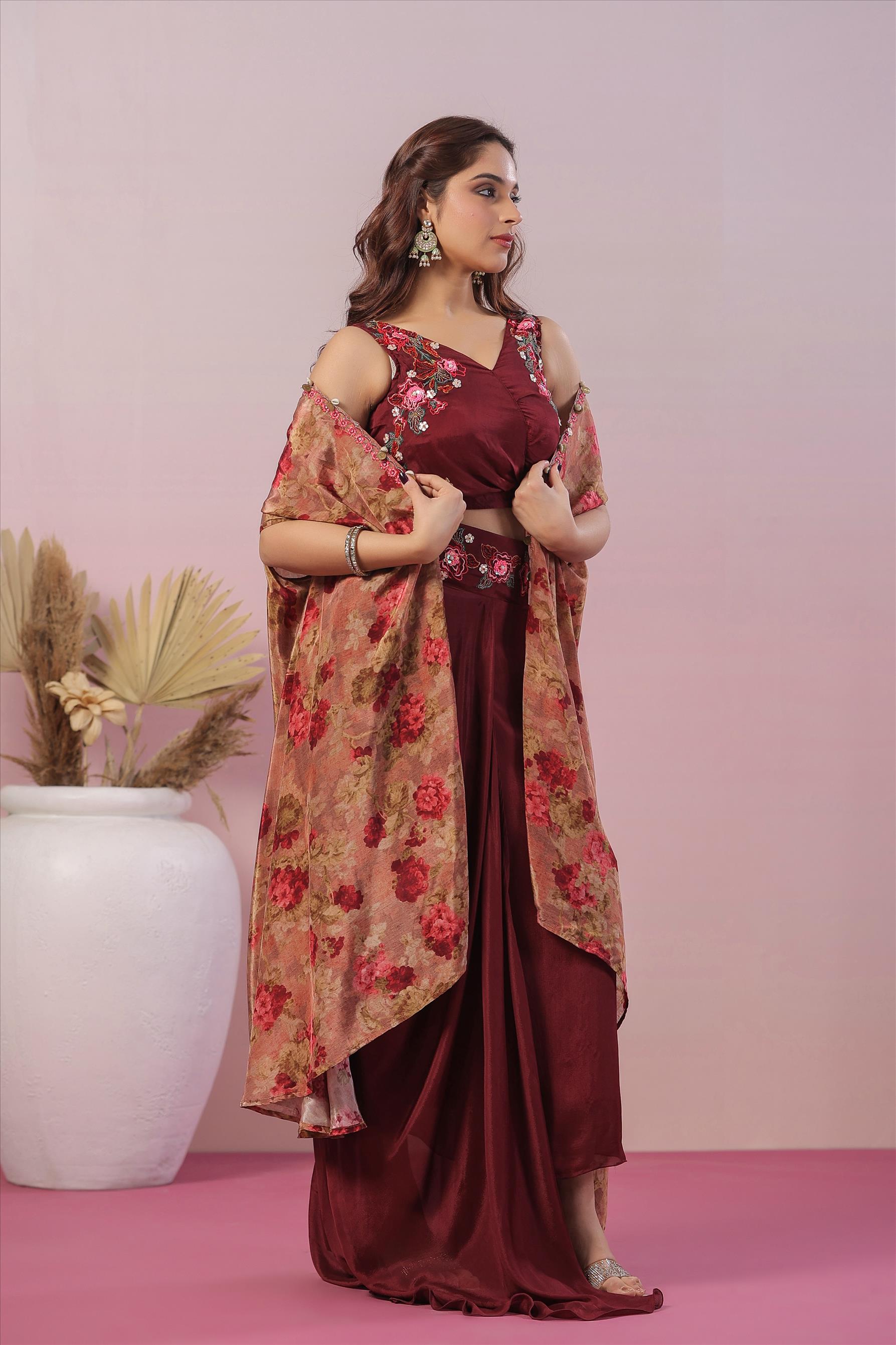 Burgundy Chinon Silk Floral Print & Embroidered Cape Set