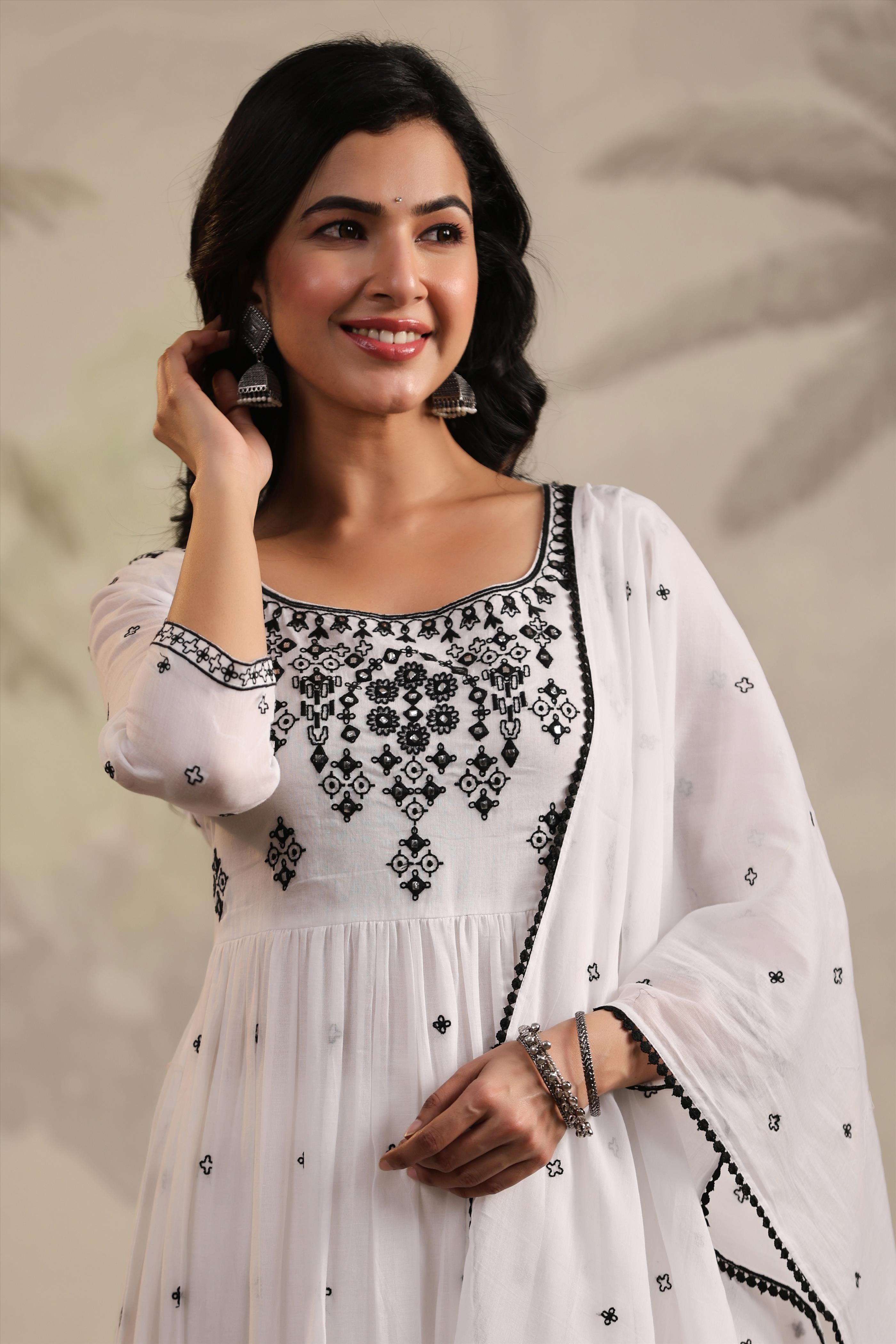 White Mulmul Embroidered Anarkali Suit Set