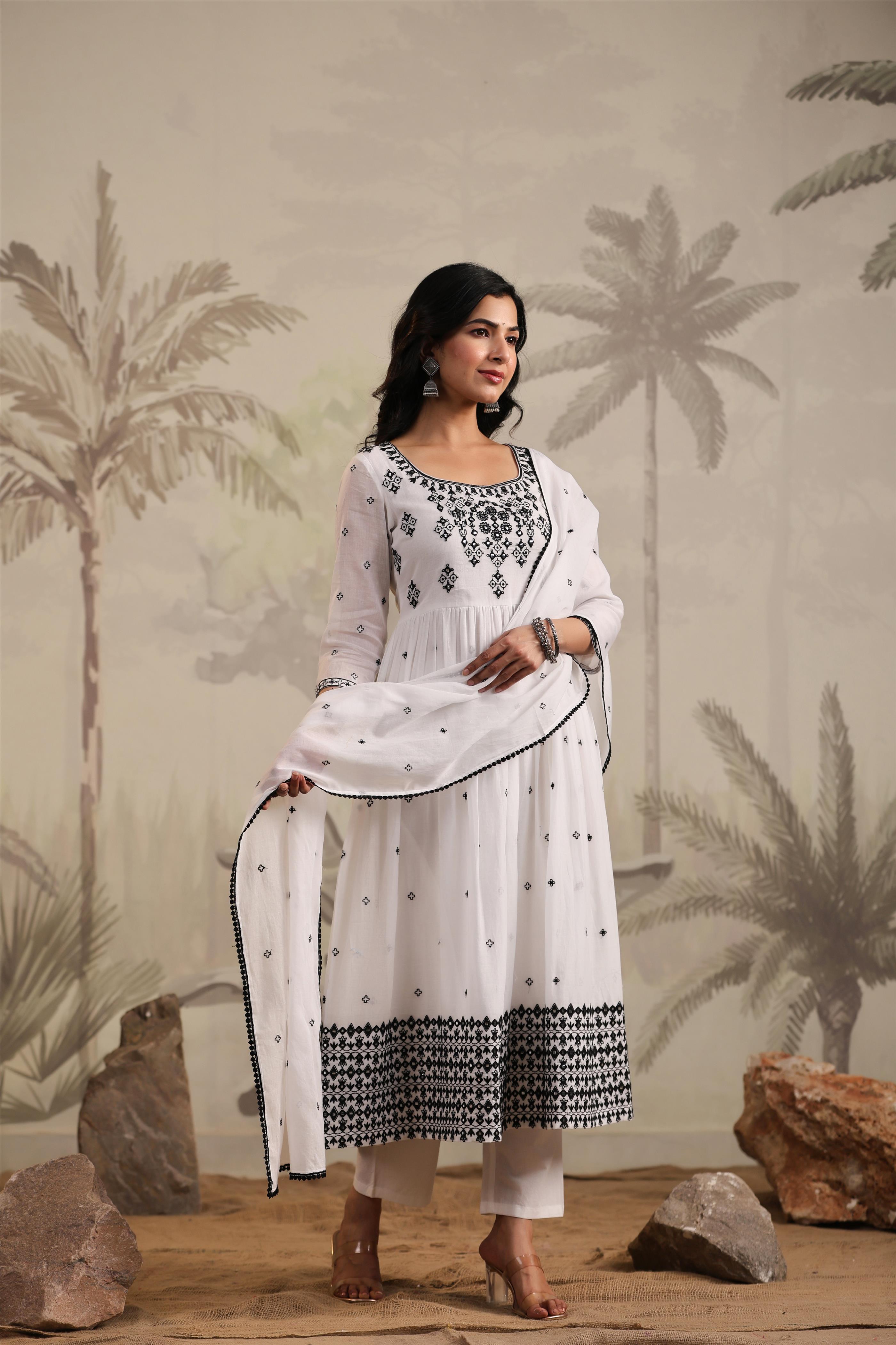 White Mulmul Embroidered Anarkali Suit Set
