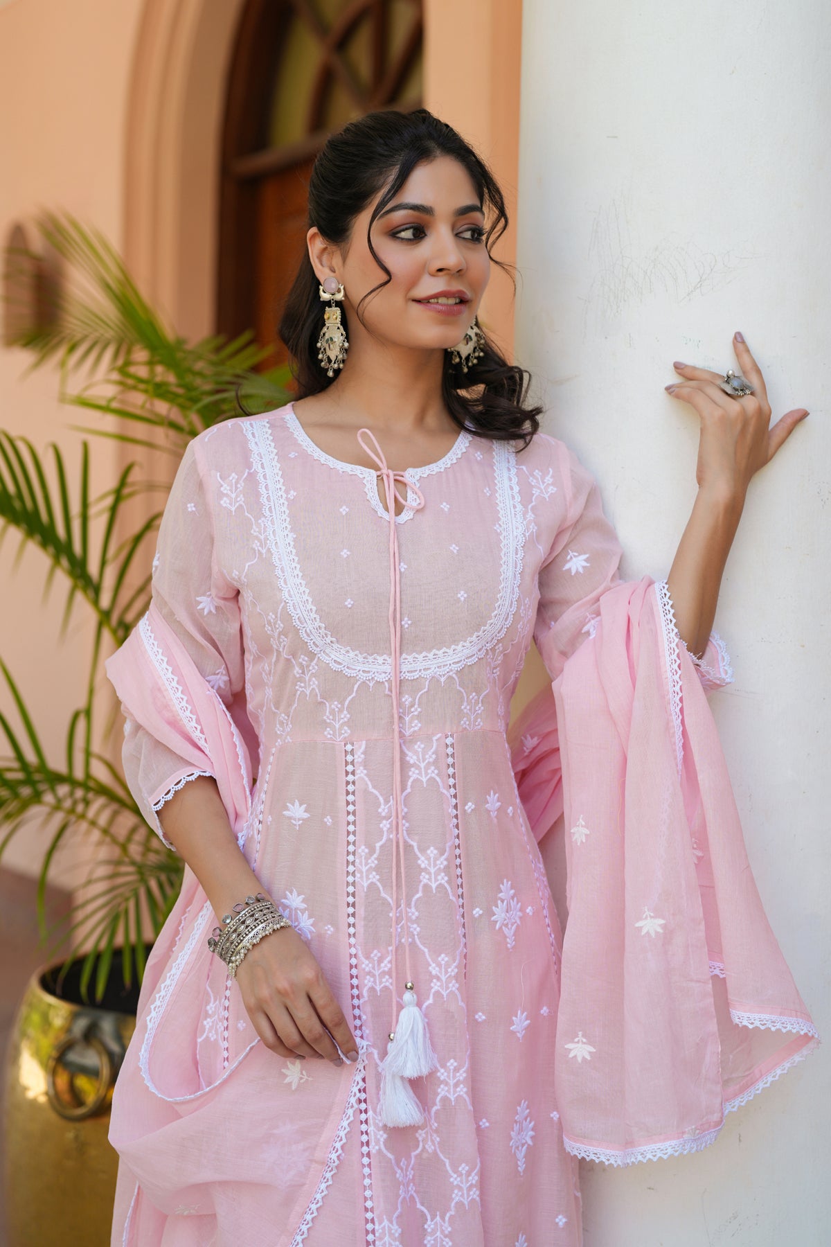 Pink Mulmul Embroidered Anarkali Suit Set
