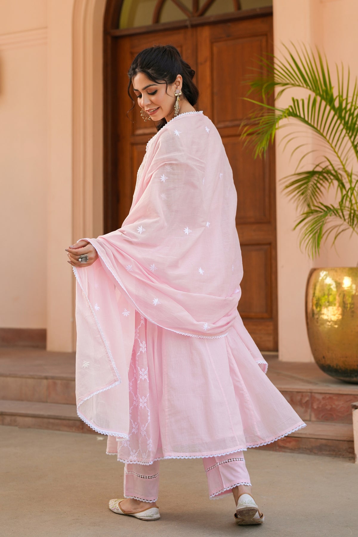 Pink Mulmul Embroidered Anarkali Suit Set