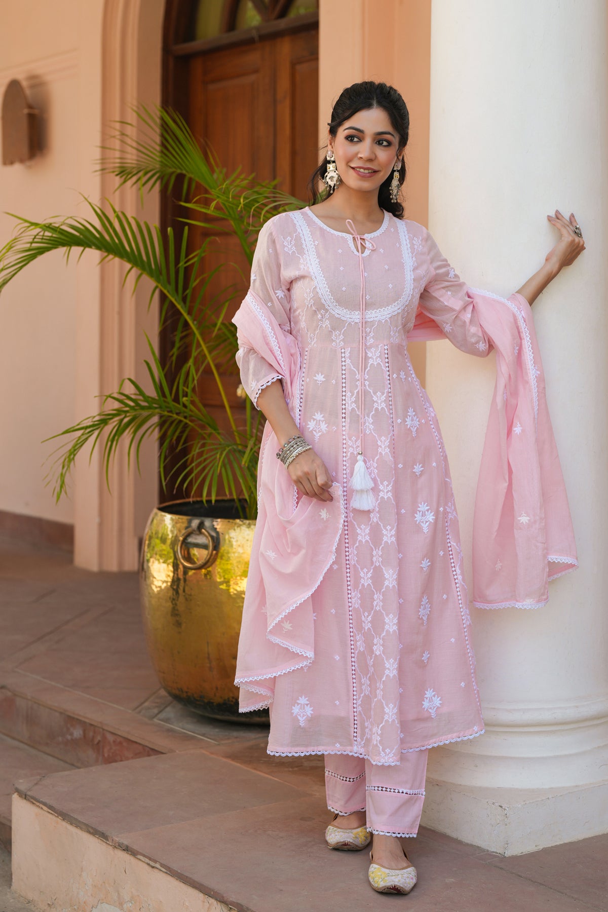 Pink Mulmul Embroidered Anarkali Suit Set