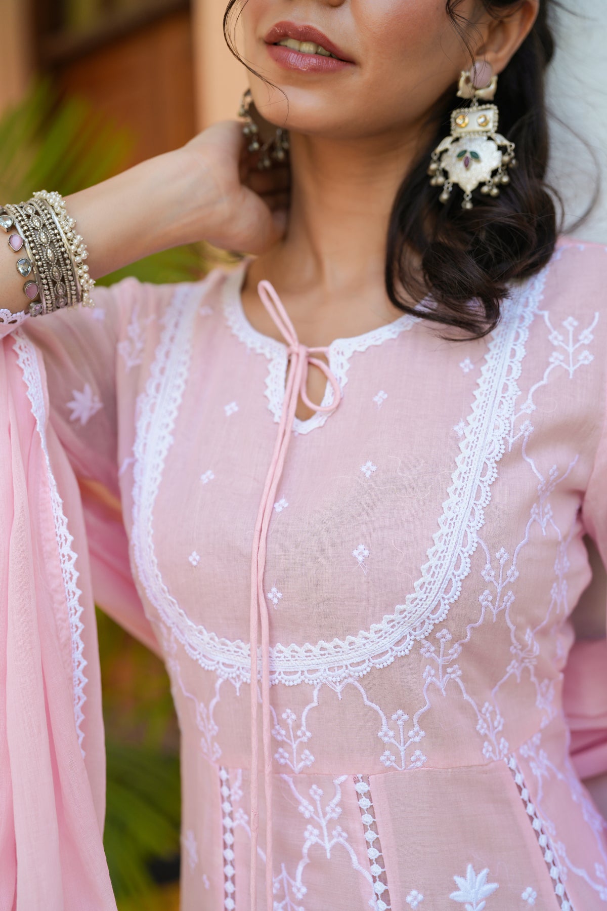 Pink Mulmul Embroidered Anarkali Suit Set