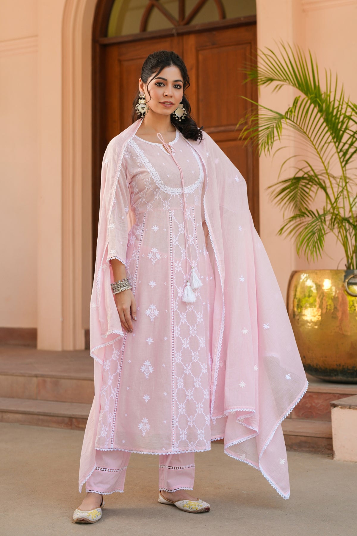 Pink Mulmul Embroidered Anarkali Suit Set