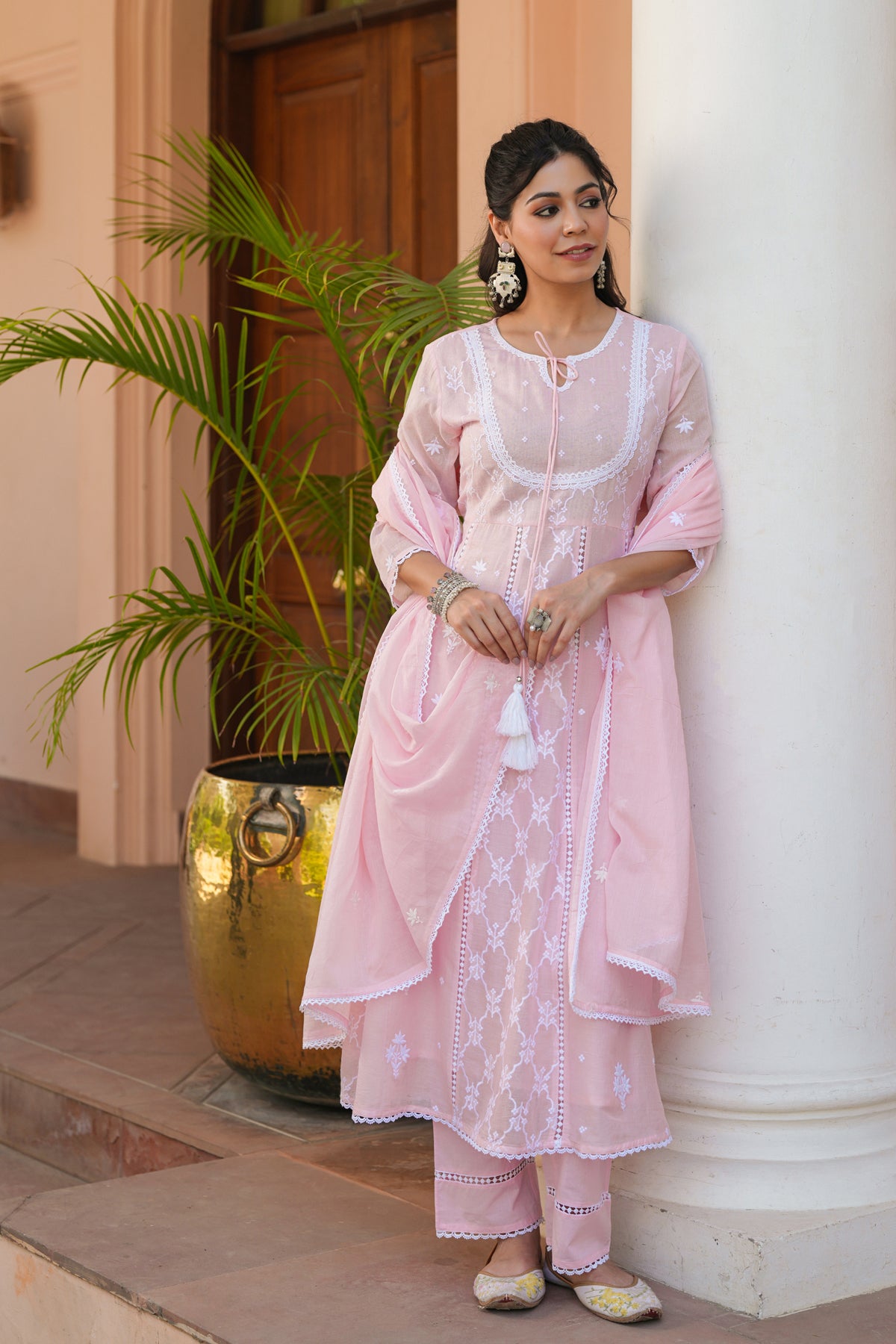 Pink Mulmul Embroidered Anarkali Suit Set
