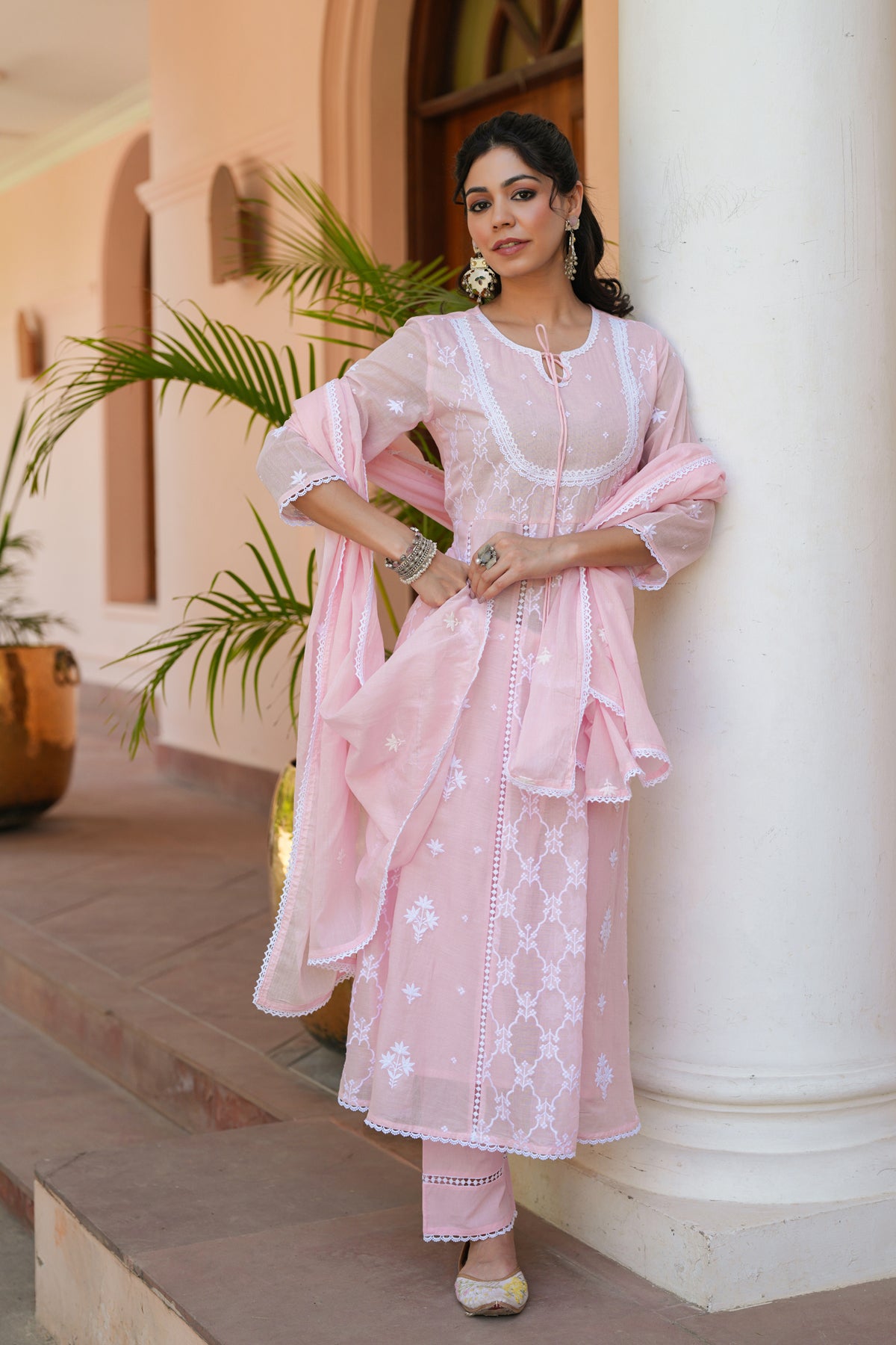 Pink Mulmul Embroidered Anarkali Suit Set