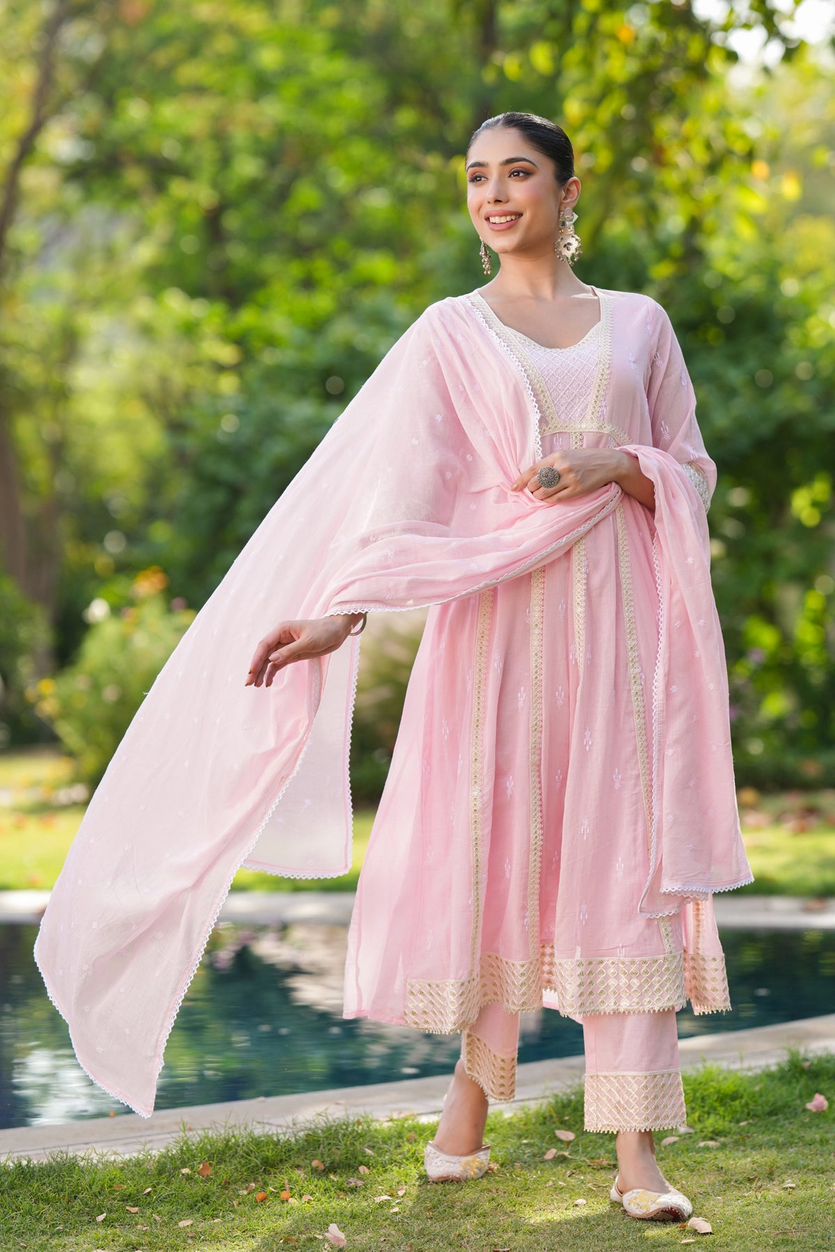 Pink Mulmul Sequin Embroidered Anarkali Suit Set