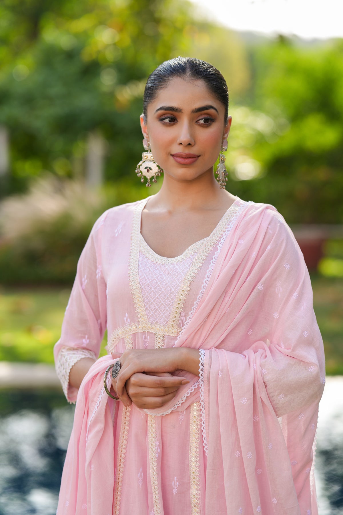 Pink Mulmul Sequin Embroidered Anarkali Suit Set