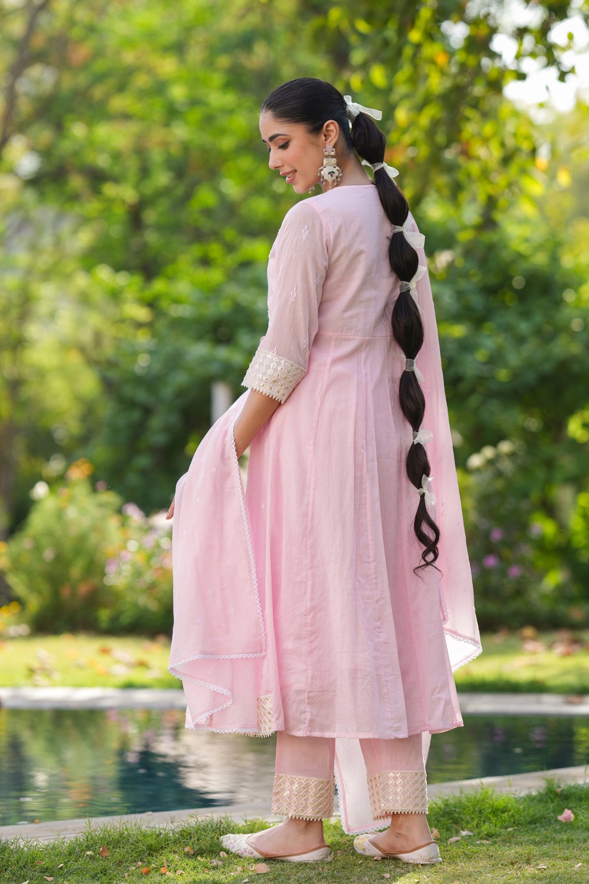 Pink Mulmul Sequin Embroidered Anarkali Suit Set