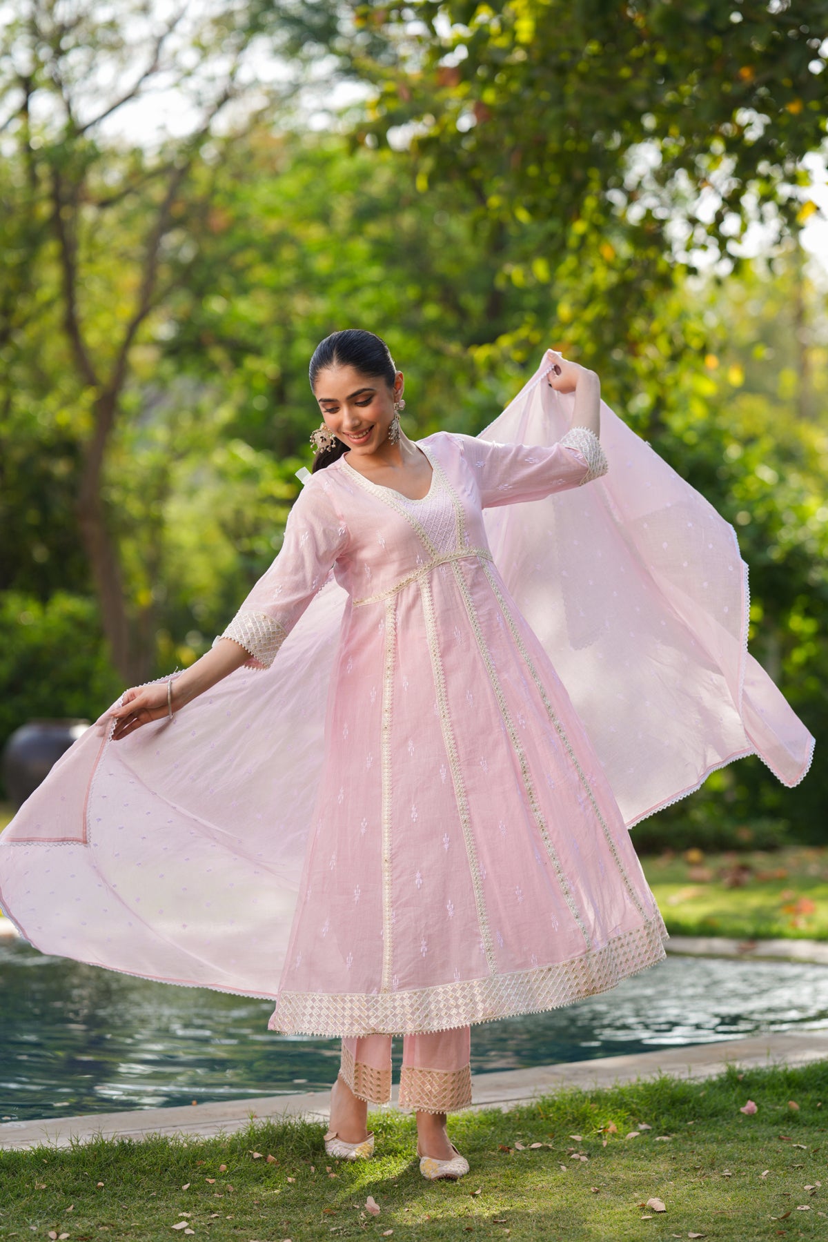Pink Mulmul Sequin Embroidered Anarkali Suit Set
