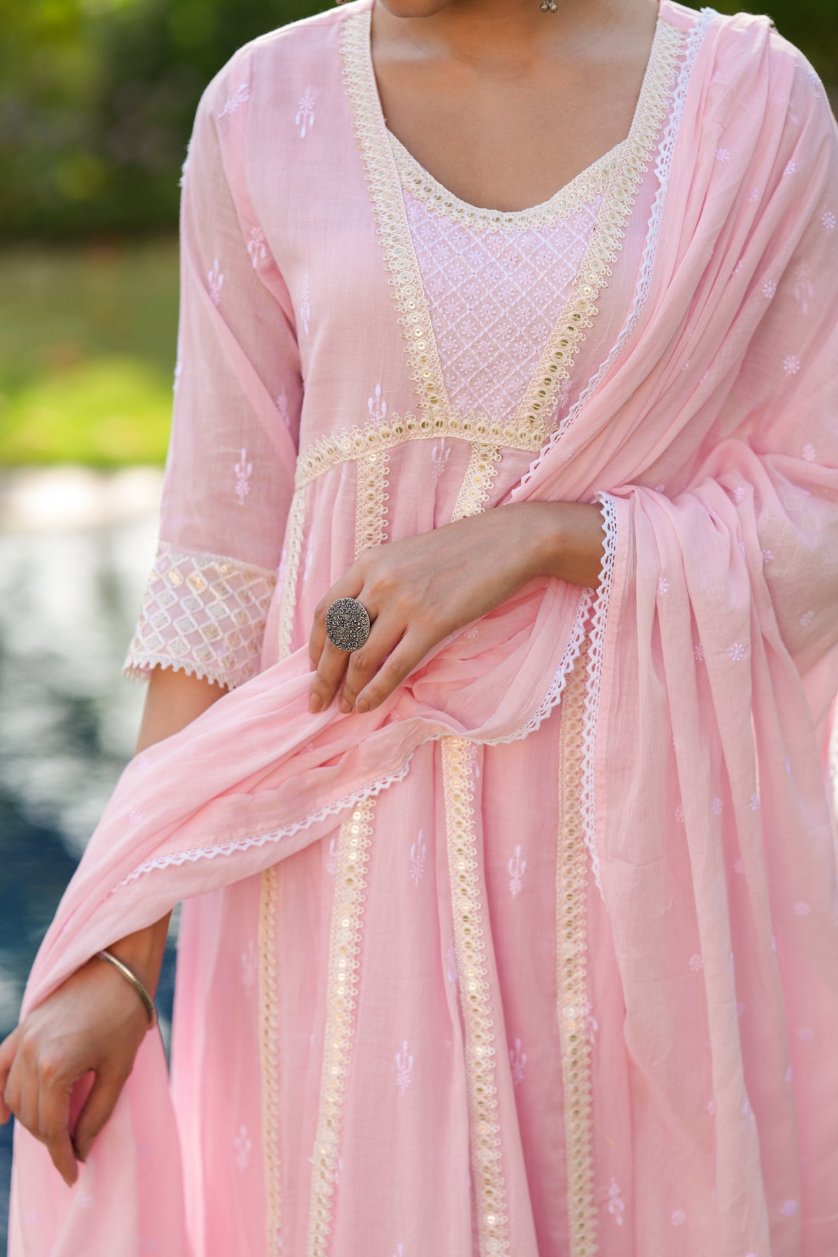 Pink Mulmul Sequin Embroidered Anarkali Suit Set