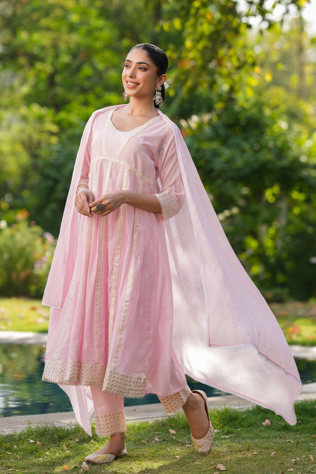 Pink Mulmul Sequin Embroidered Anarkali Suit Set