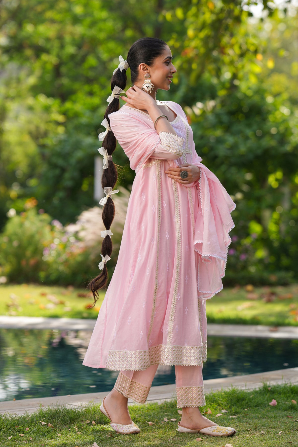 Pink Mulmul Sequin Embroidered Anarkali Suit Set