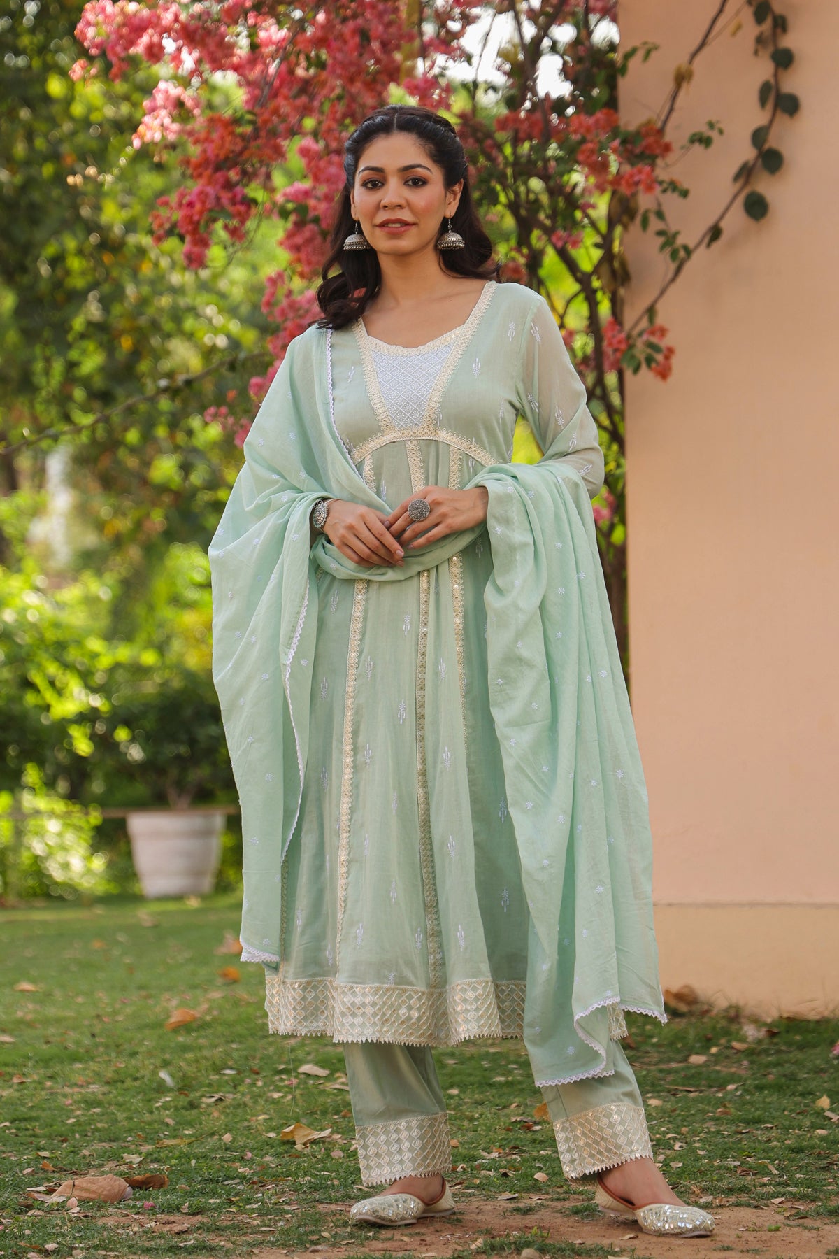 Pistagreen Mulmul Sequin Embroidered Anarkali Suit Set
