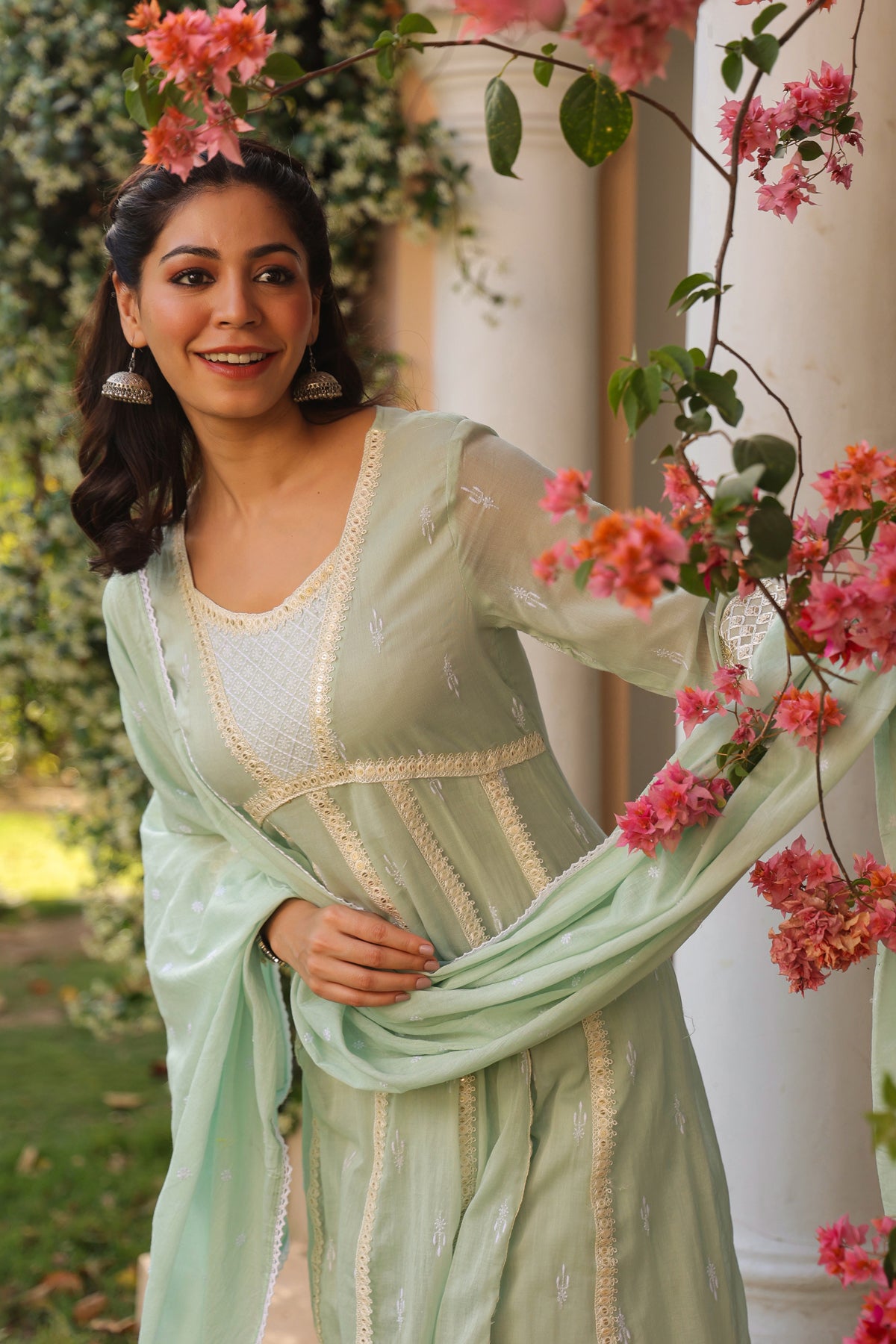 Pistagreen Mulmul Sequin Embroidered Anarkali Suit Set