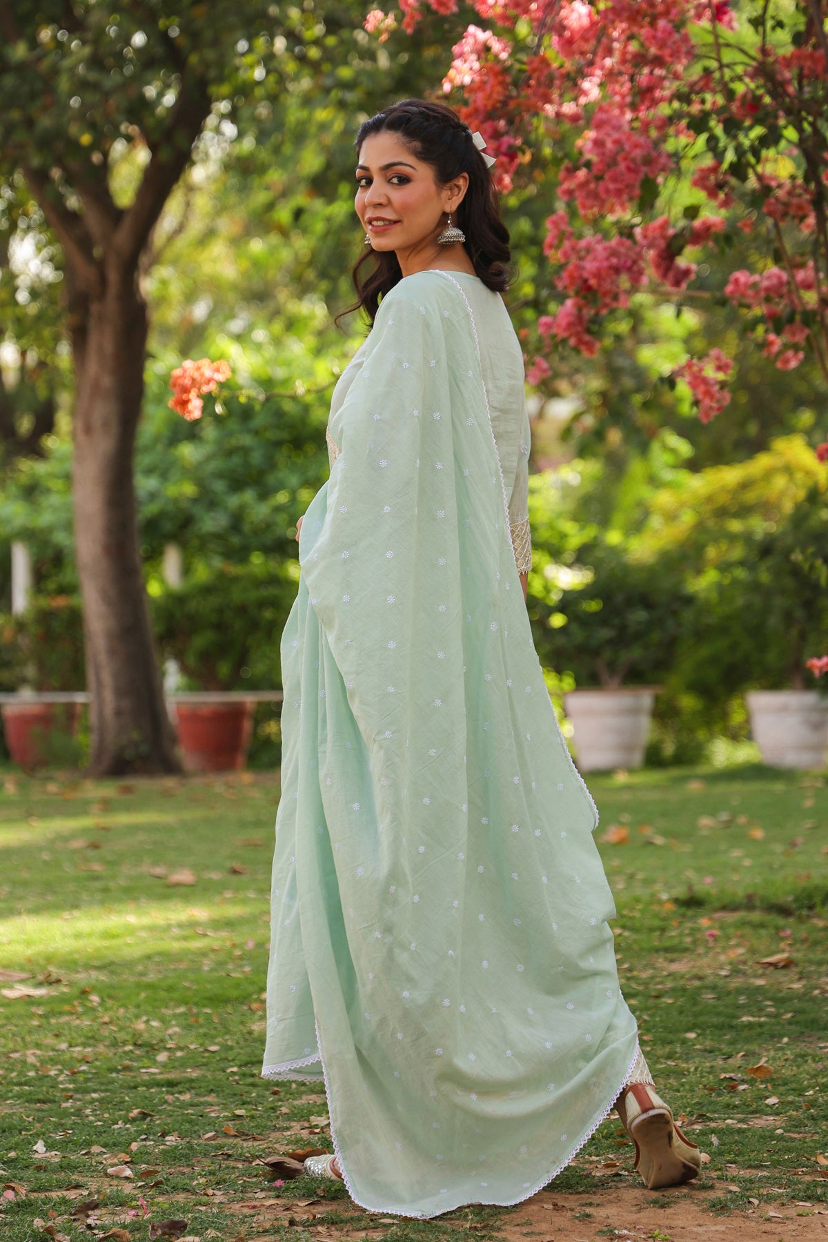 Pistagreen Mulmul Sequin Embroidered Anarkali Suit Set