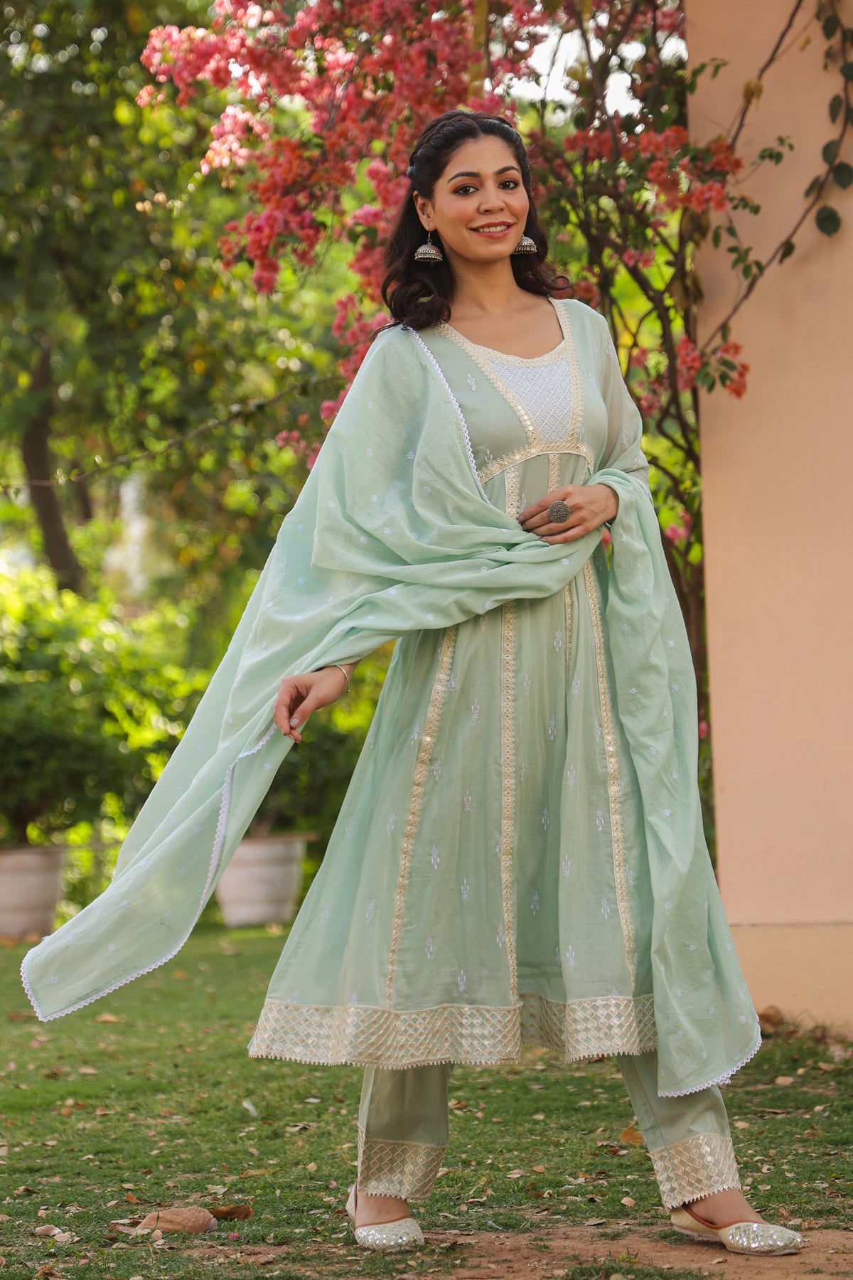 Pistagreen Mulmul Sequin Embroidered Anarkali Suit Set