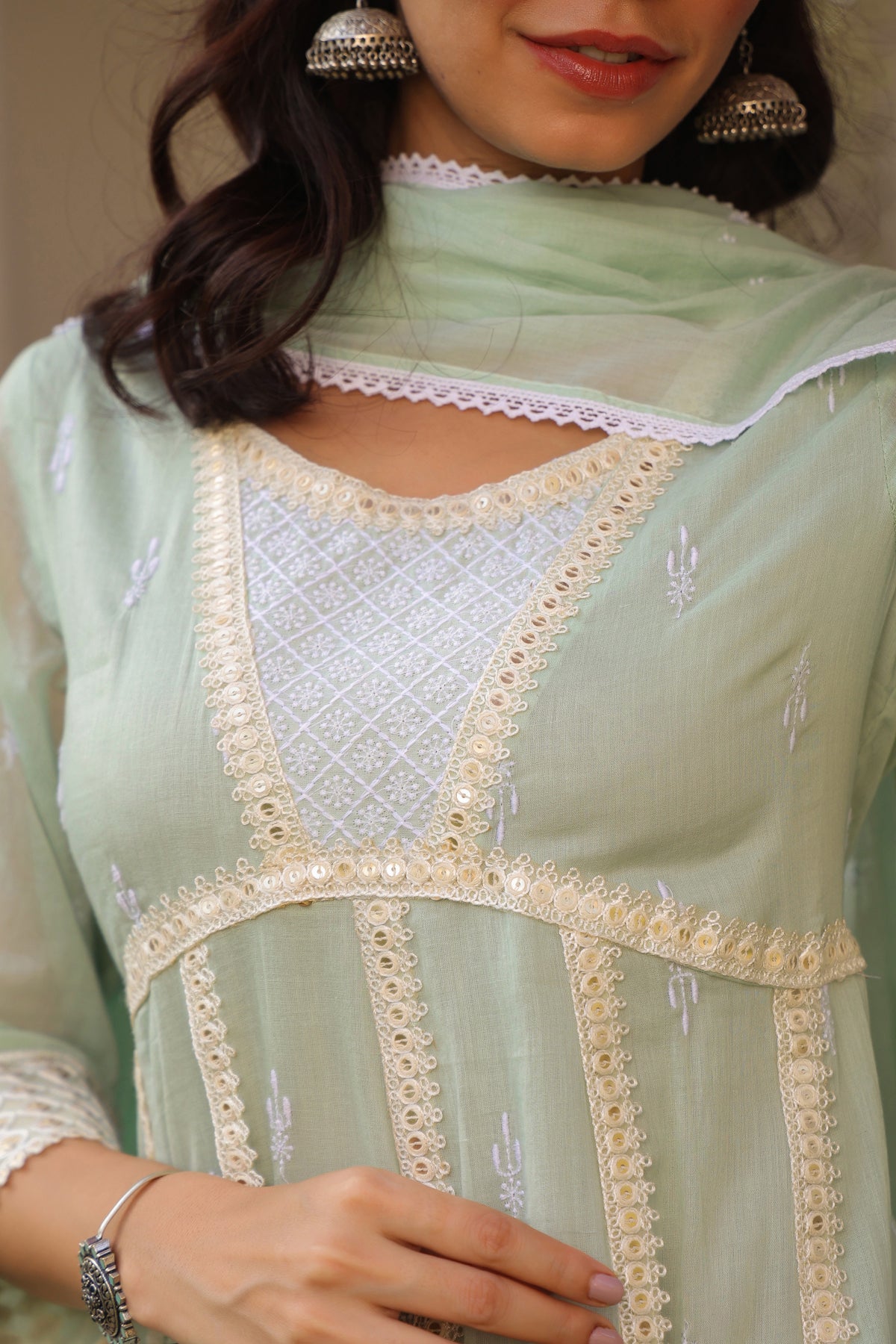 Pistagreen Mulmul Sequin Embroidered Anarkali Suit Set