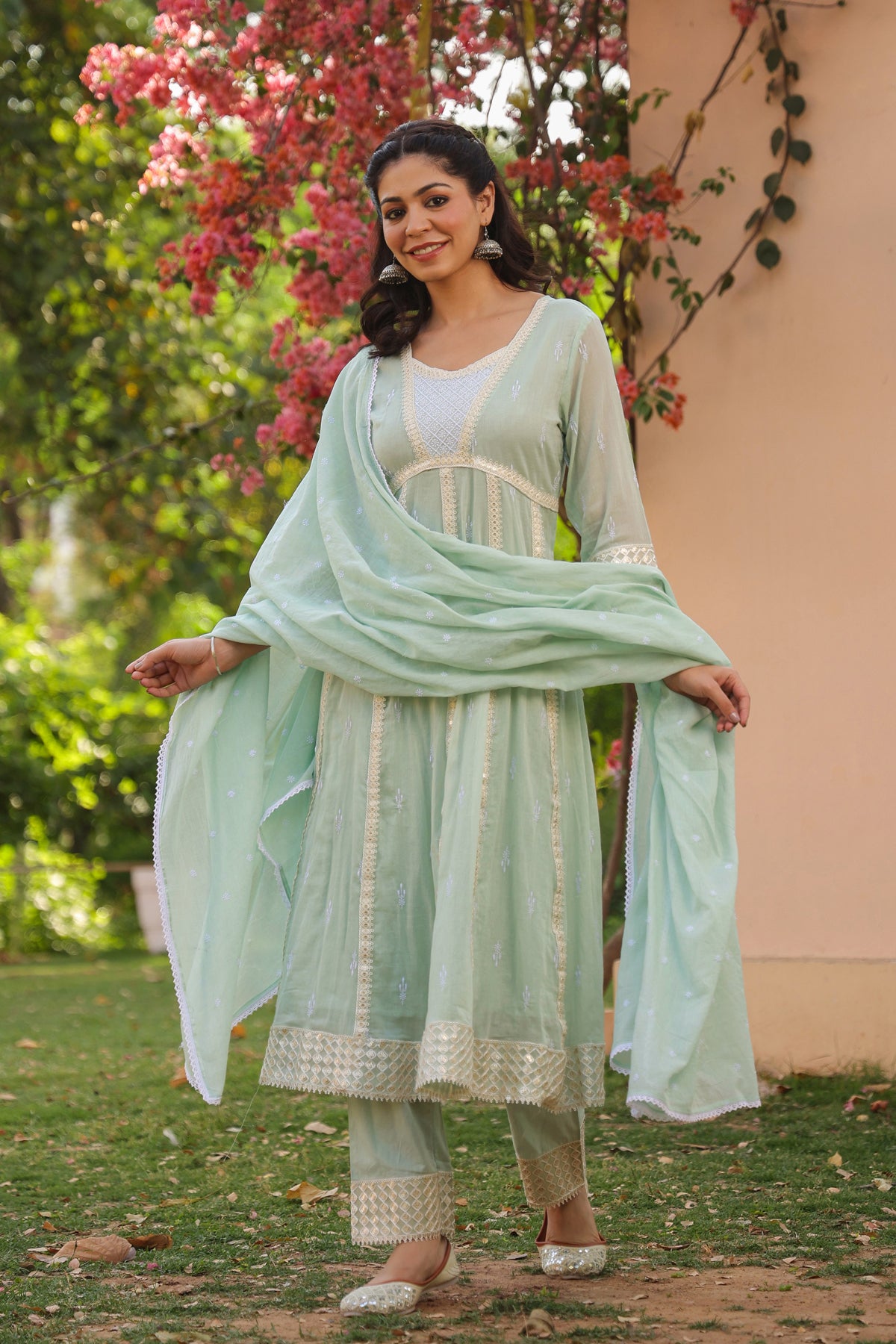 Pistagreen Mulmul Sequin Embroidered Anarkali Suit Set