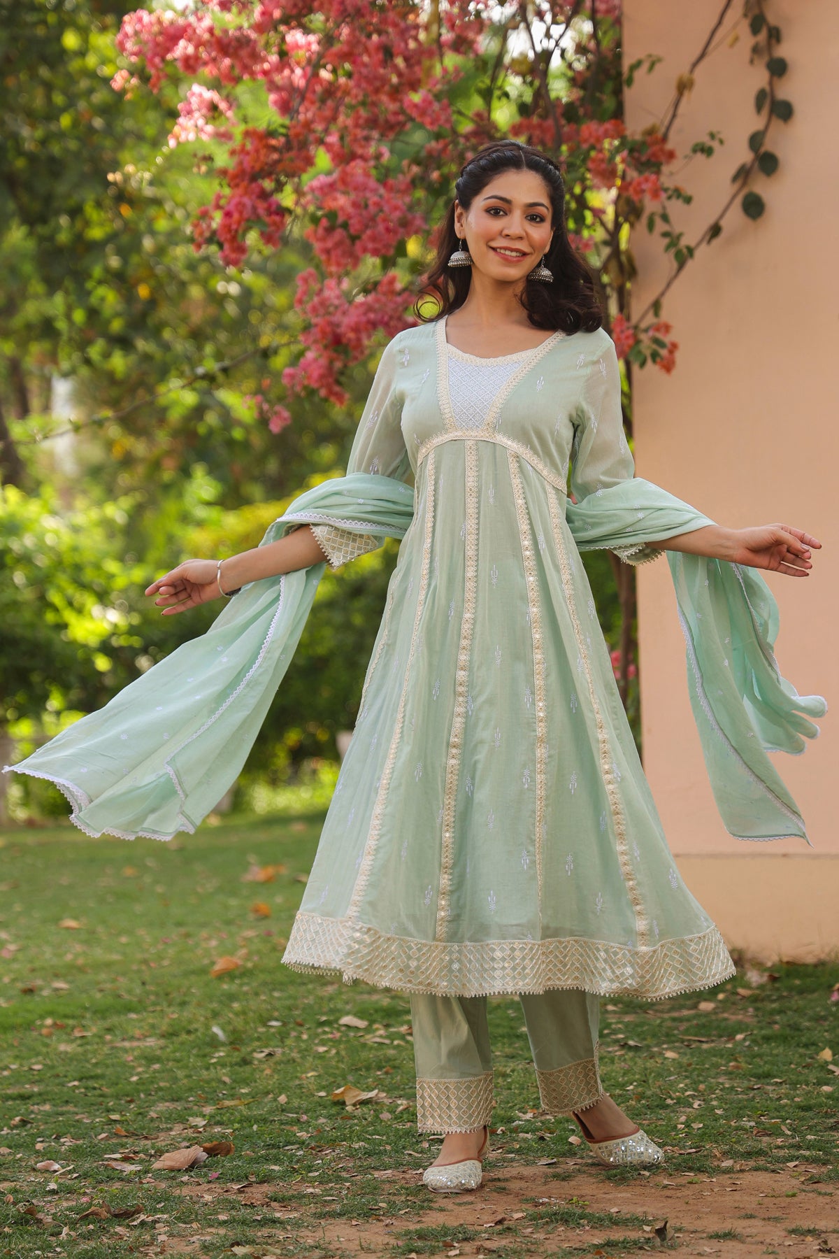 Pistagreen Mulmul Sequin Embroidered Anarkali Suit Set