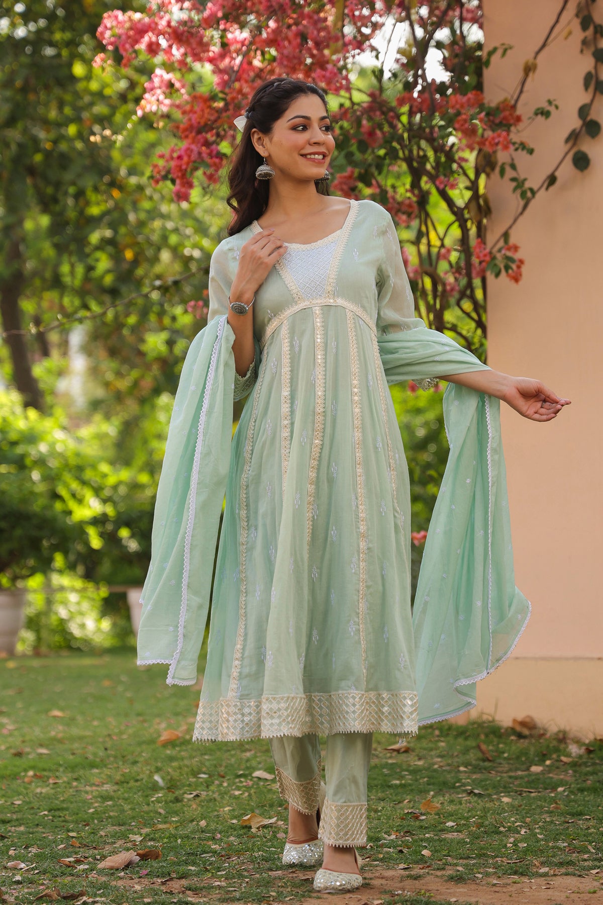 Pistagreen Mulmul Sequin Embroidered Anarkali Suit Set