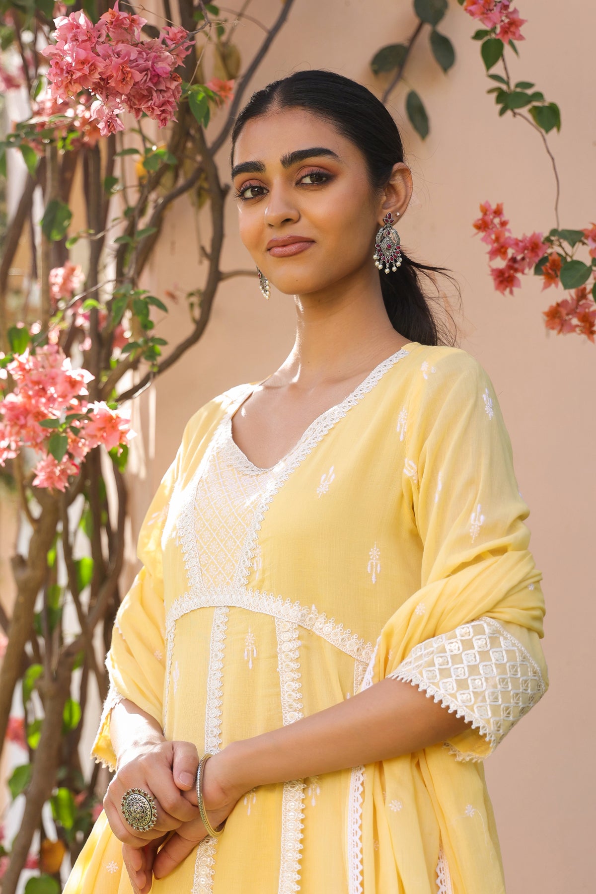 Yellow Mulmul Embroidered Anarkali Suit Set