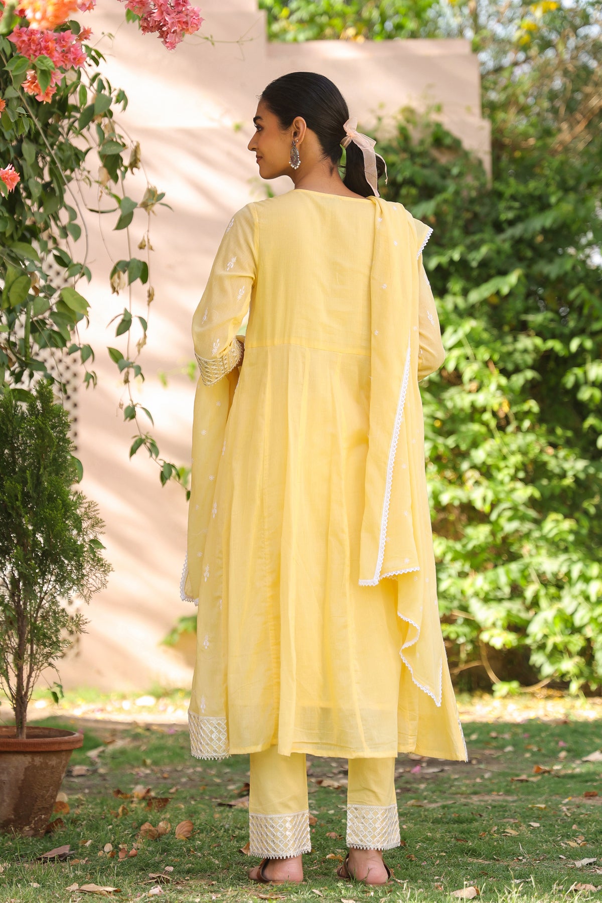 Yellow Mulmul Embroidered Anarkali Suit Set