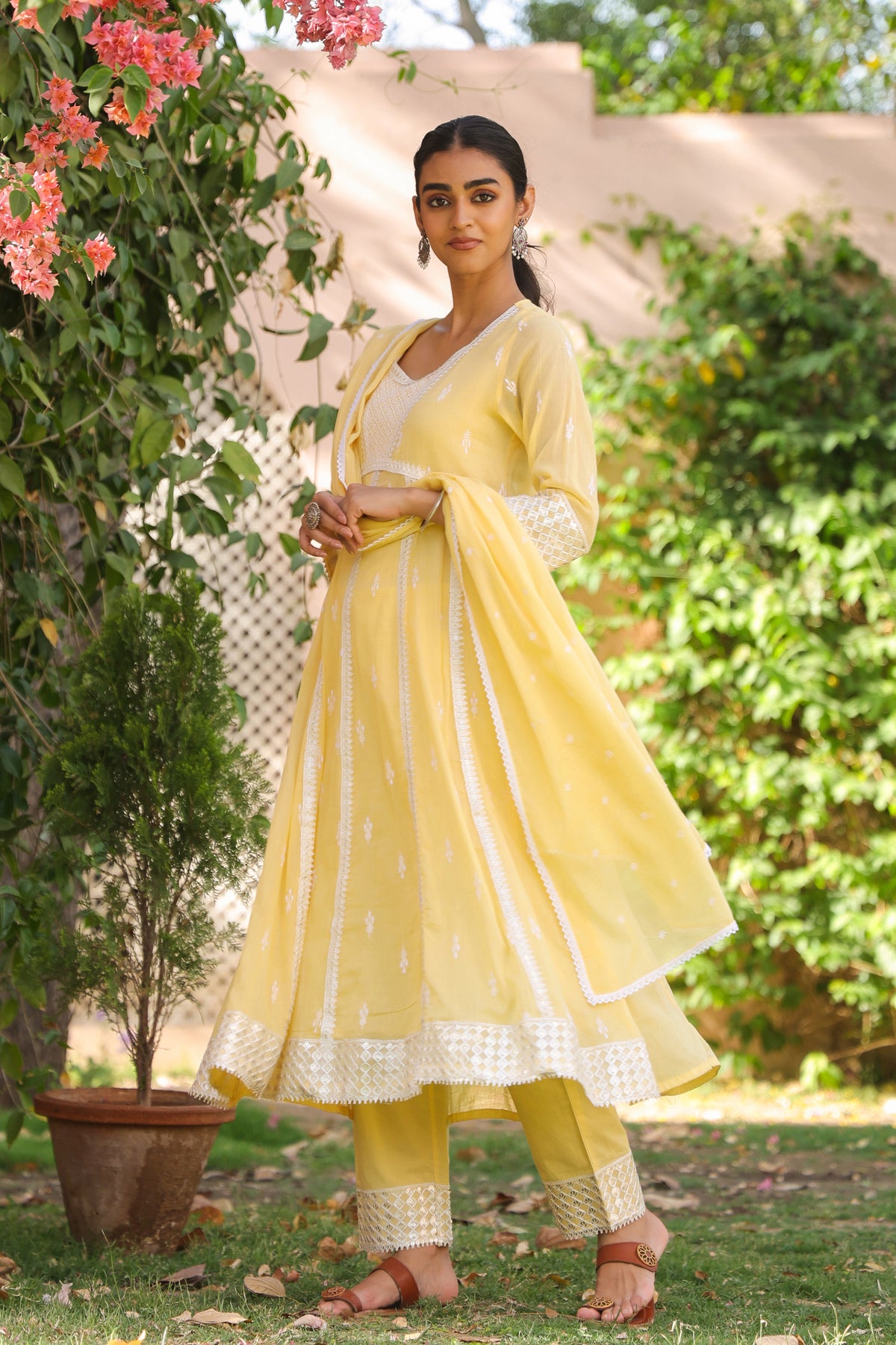 Yellow Mulmul Embroidered Anarkali Suit Set