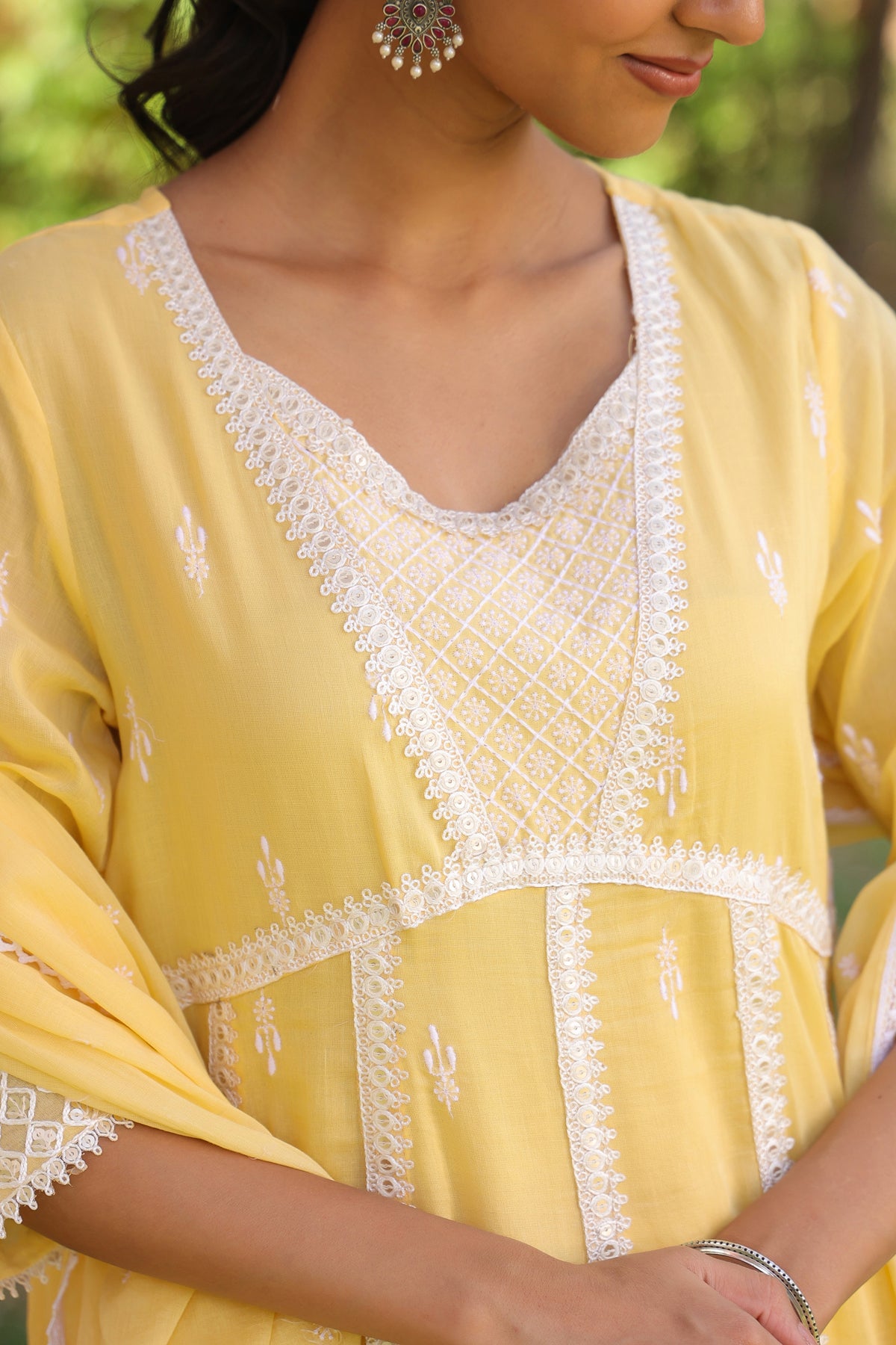 Yellow Mulmul Embroidered Anarkali Suit Set