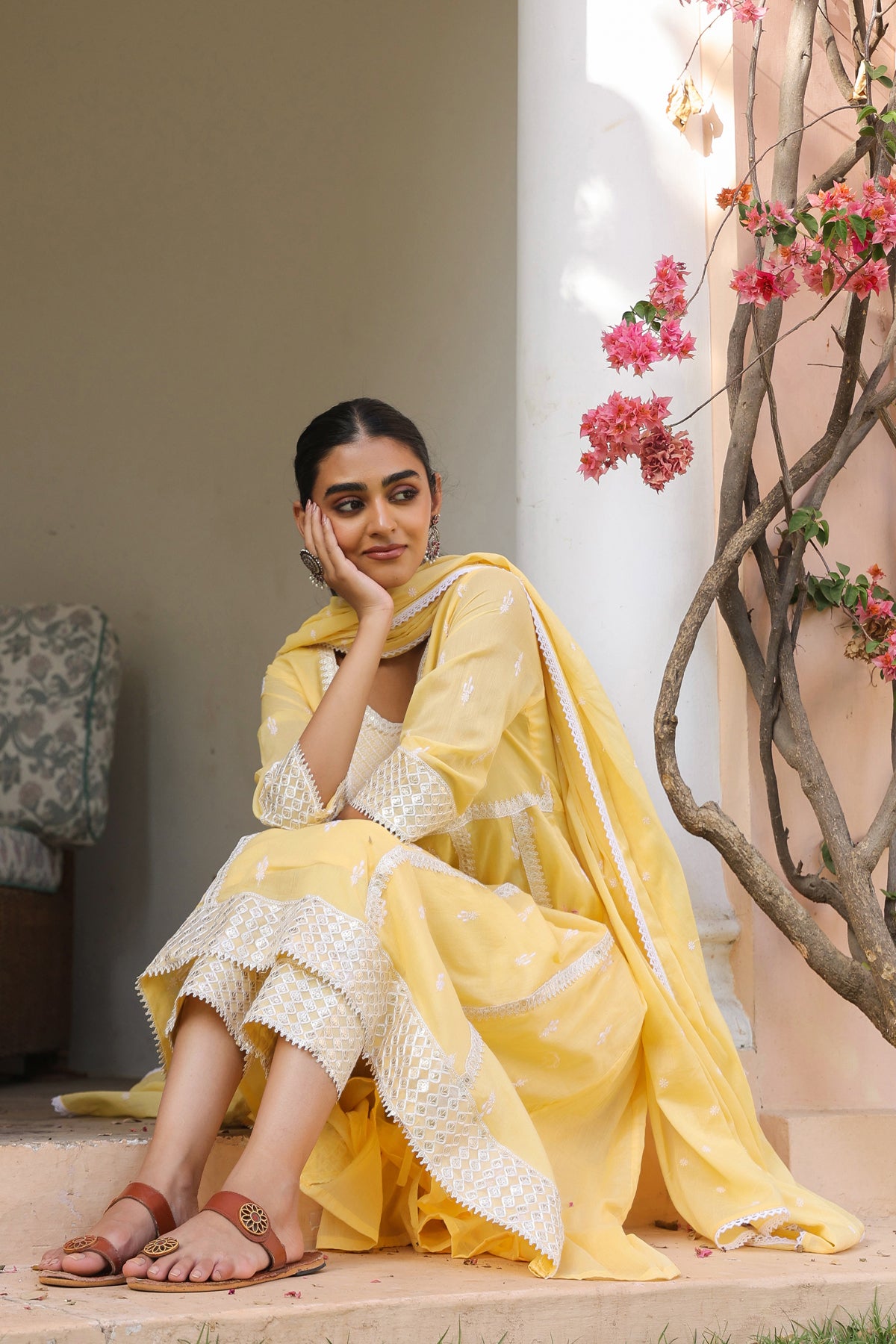 Yellow Mulmul Embroidered Anarkali Suit Set