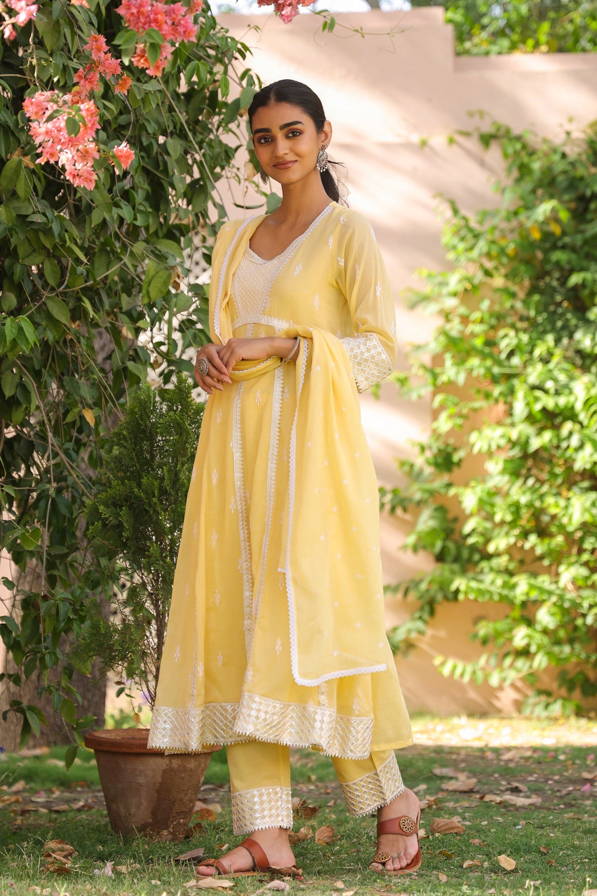 Yellow Mulmul Embroidered Anarkali Suit Set