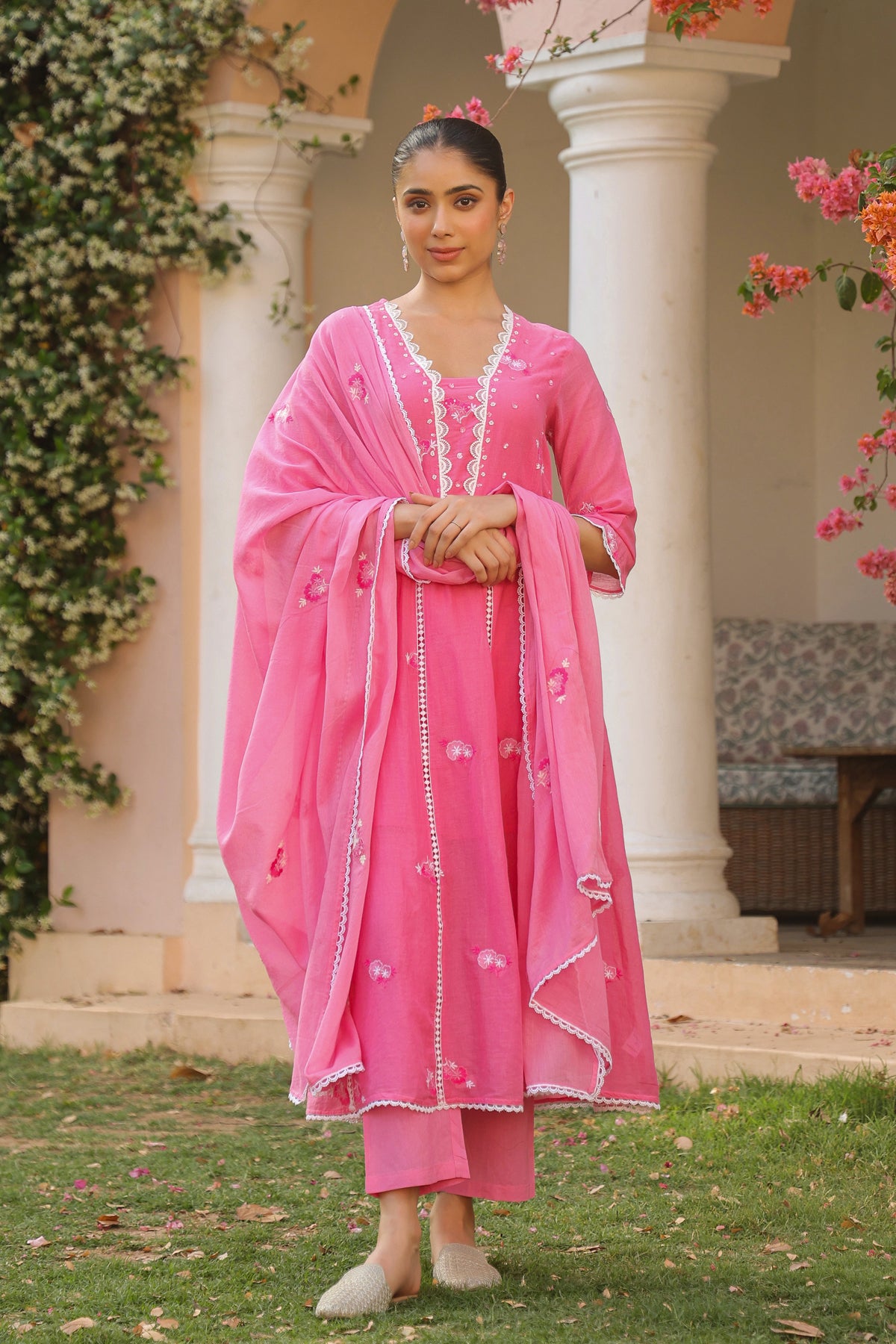 Coral Mulmul Embroidered And Handwork Anarkali Suit Set With Dupatta