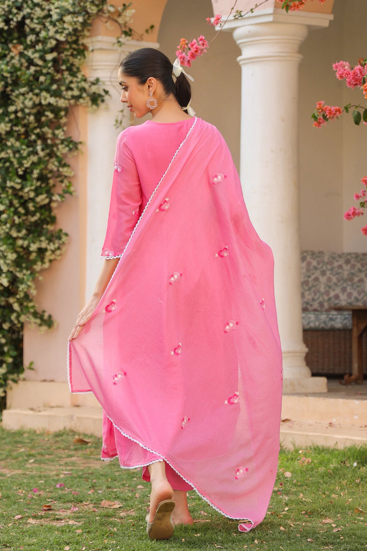 Coral Mulmul Embroidered And Handwork Anarkali Suit Set With Dupatta