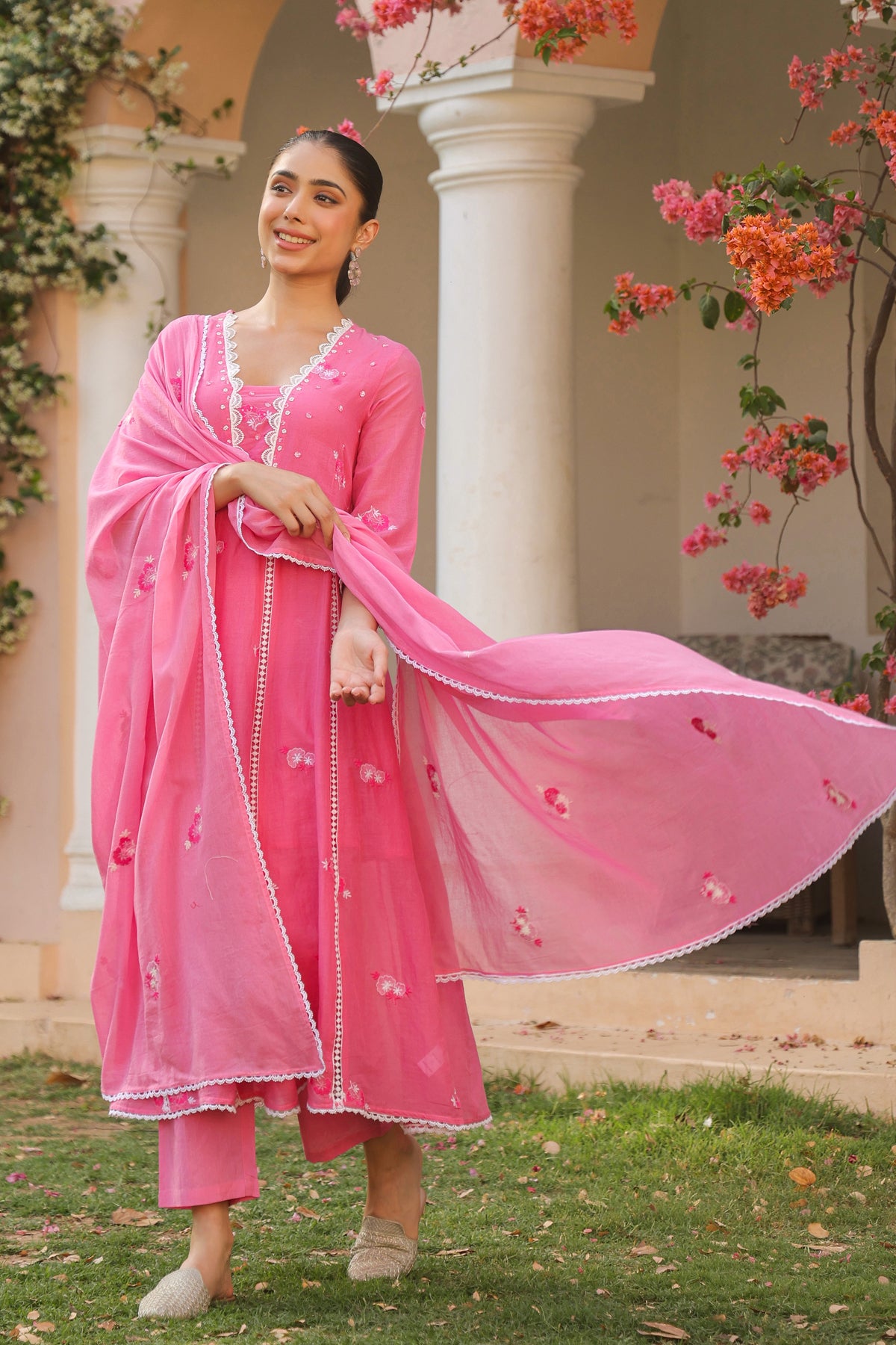 Coral Mulmul Embroidered And Handwork Anarkali Suit Set With Dupatta
