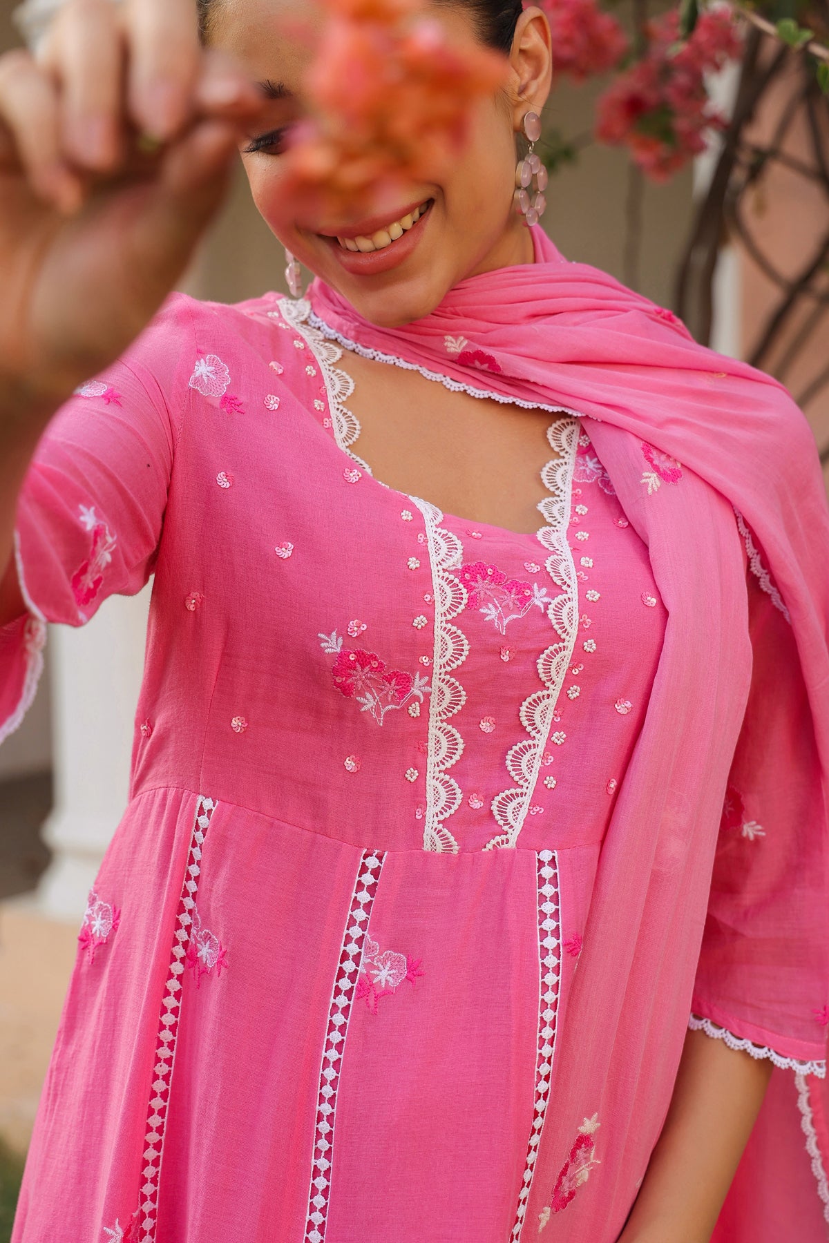 Coral Mulmul Embroidered And Handwork Anarkali Suit Set With Dupatta