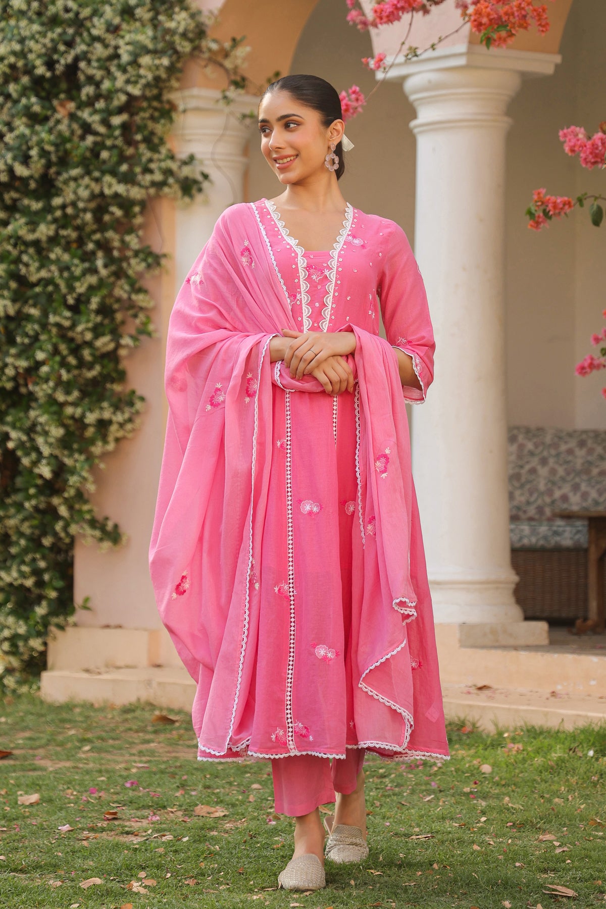 Coral Mulmul Embroidered And Handwork Anarkali Suit Set With Dupatta