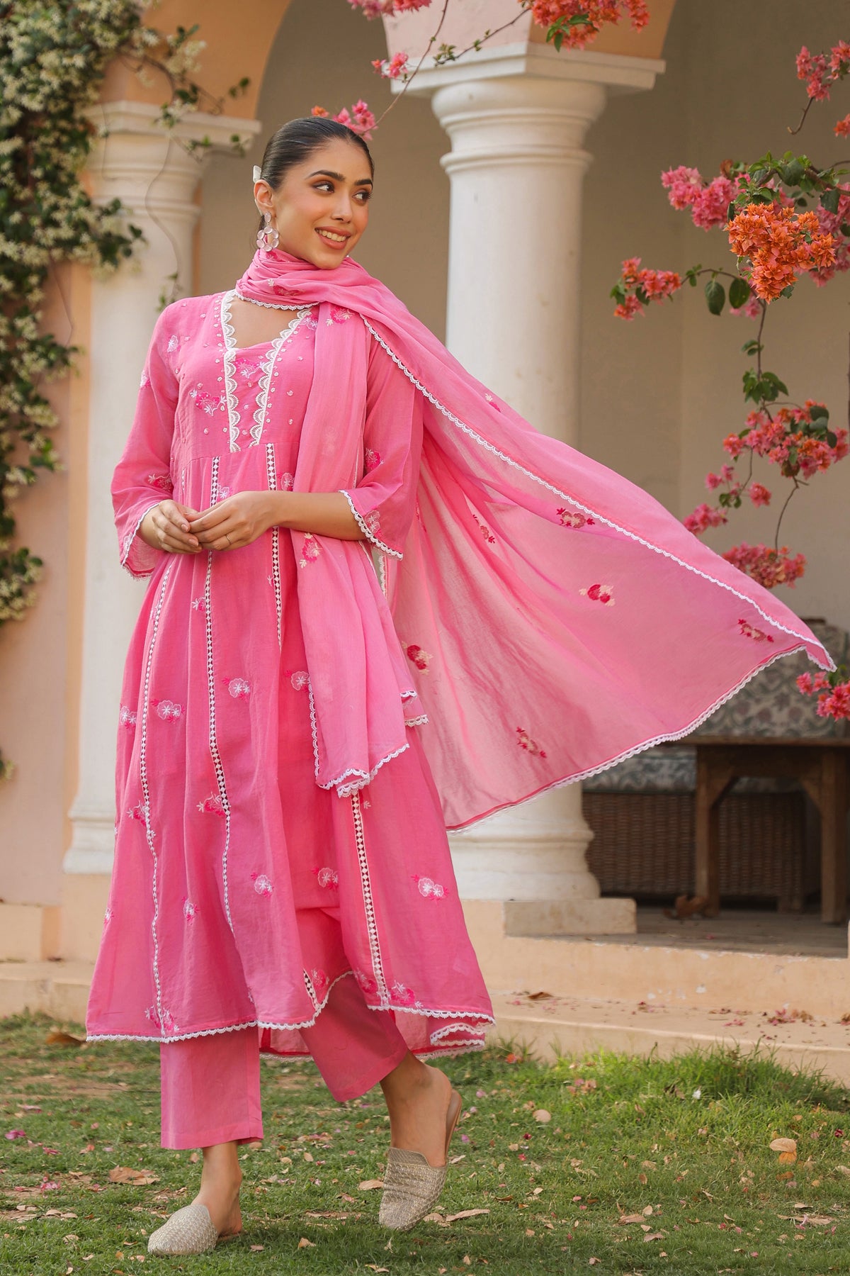 Coral Mulmul Embroidered And Handwork Anarkali Suit Set With Dupatta