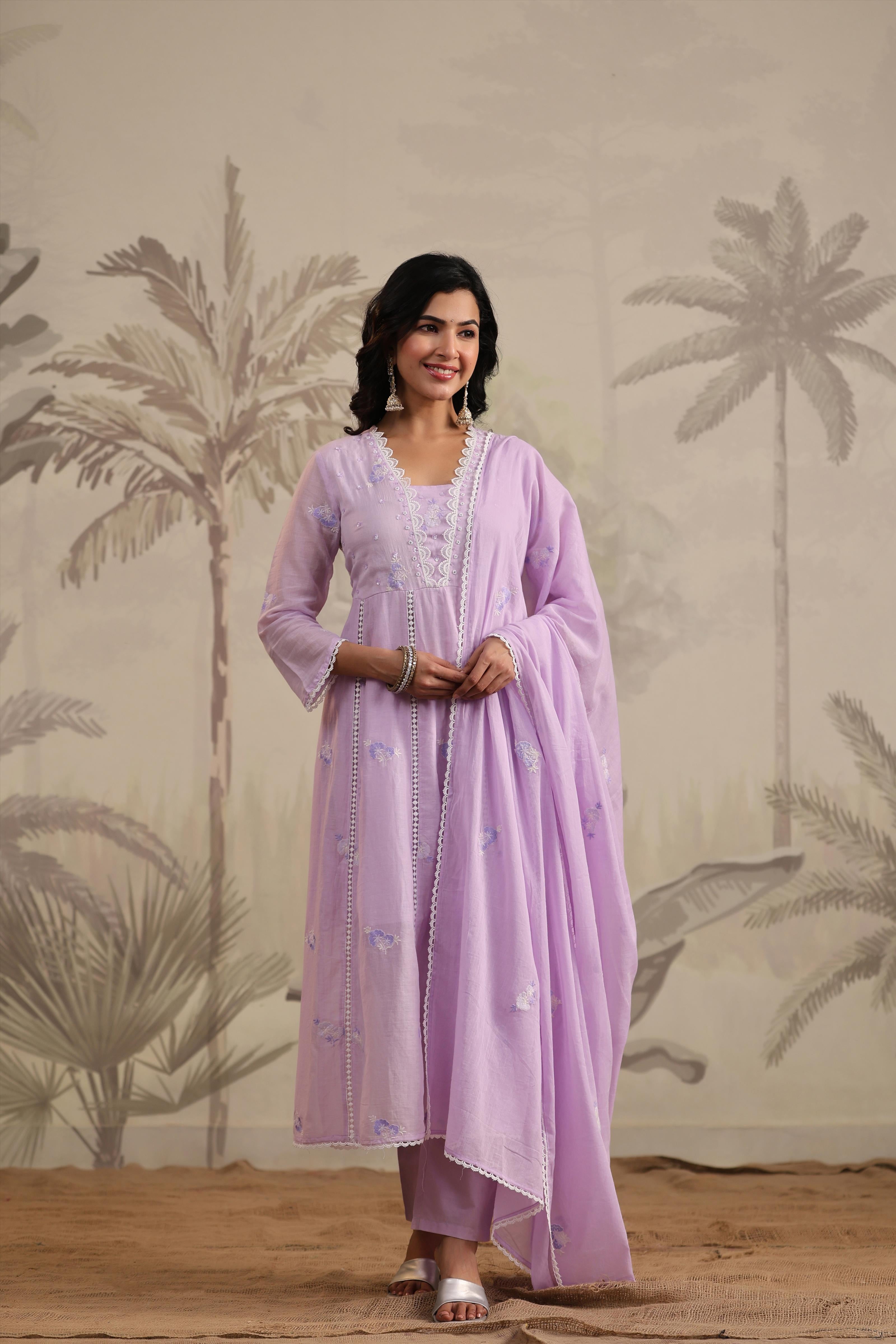 Lavender Mulmul Embroidered And Handwork Anarkali Suit Set With Dupatta