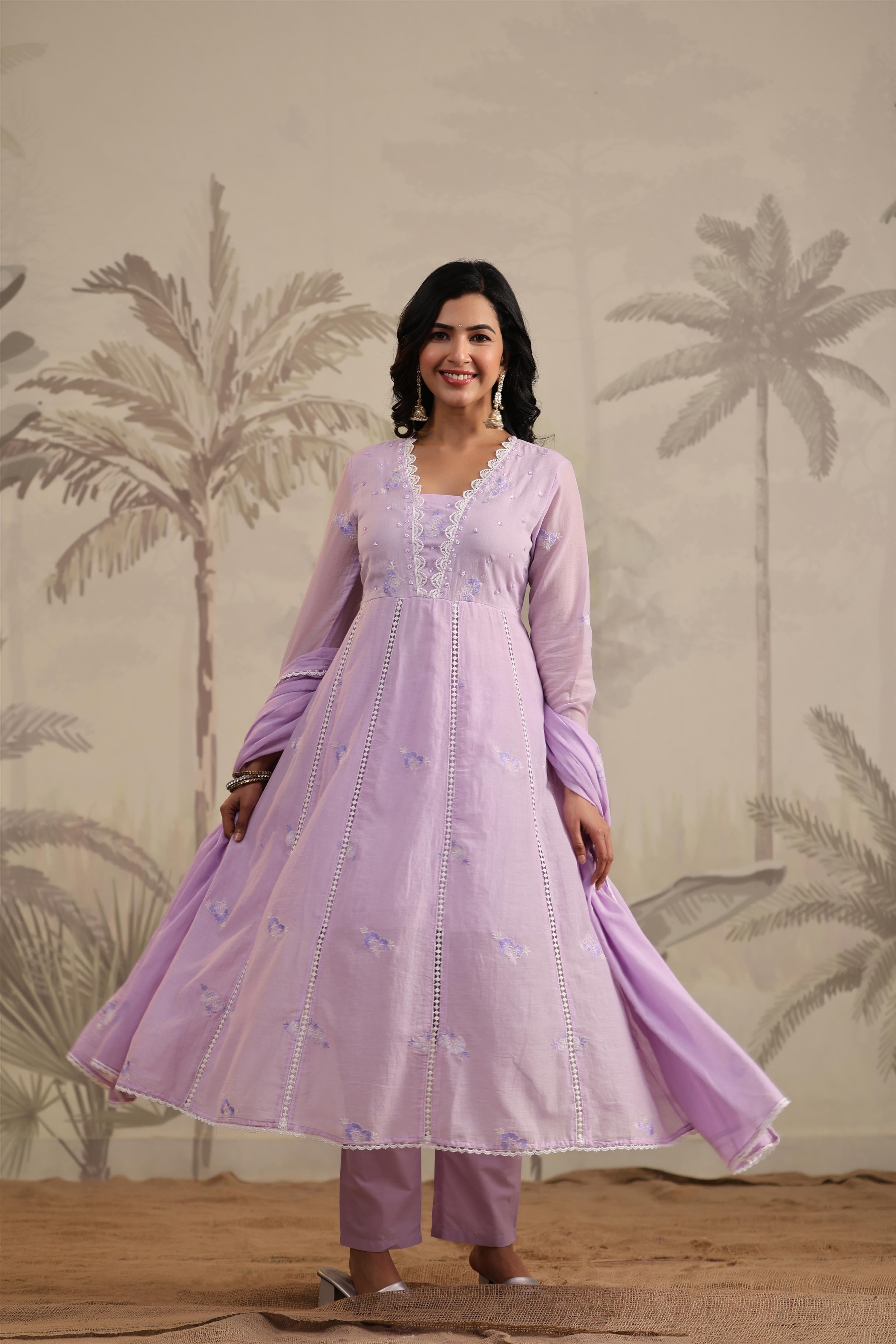 Lavender Mulmul Embroidered And Handwork Anarkali Suit Set With Dupatta