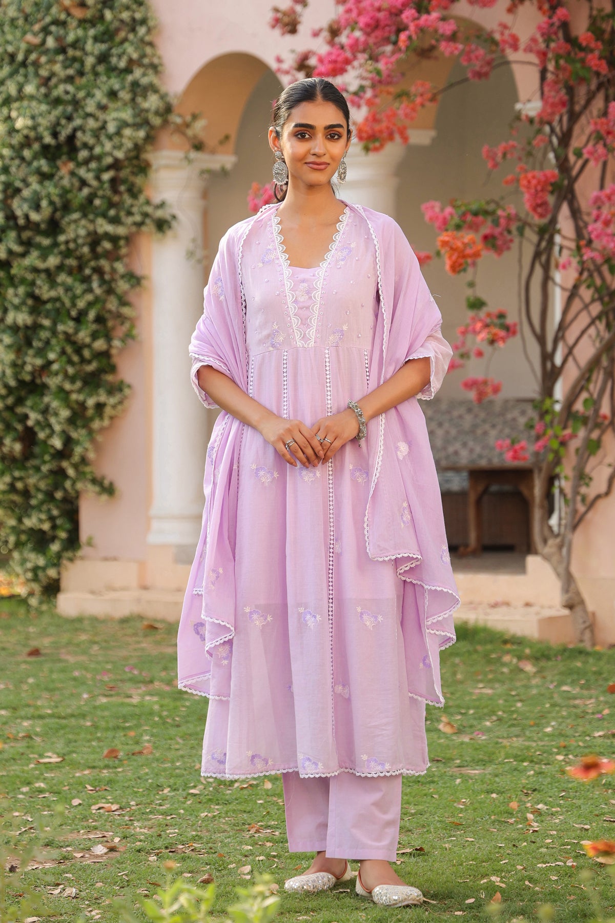 Lavender Mulmul Embroidered And Handwork Anarkali Suit Set With Dupatta