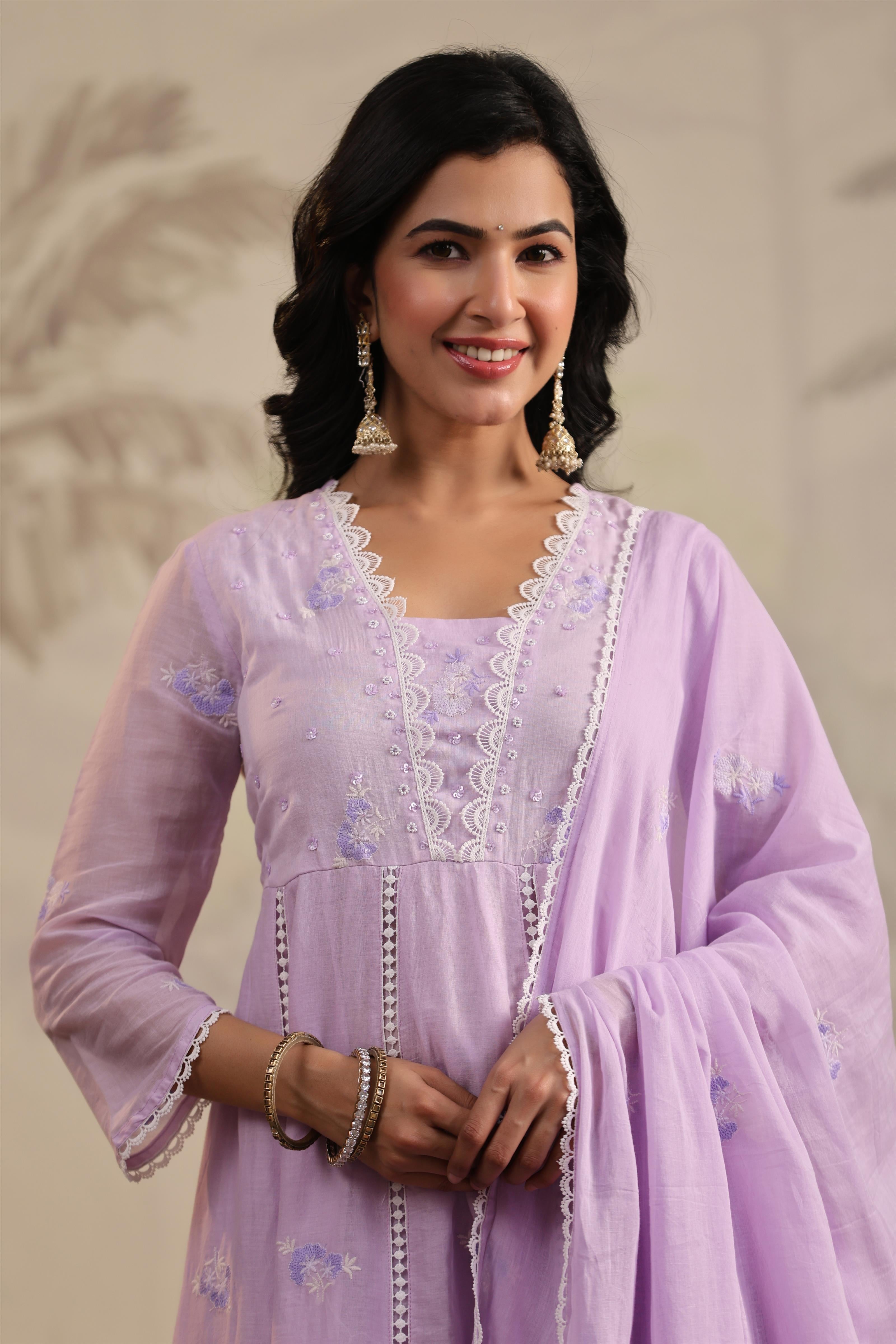 Lavender Mulmul Embroidered And Handwork Anarkali Suit Set With Dupatta