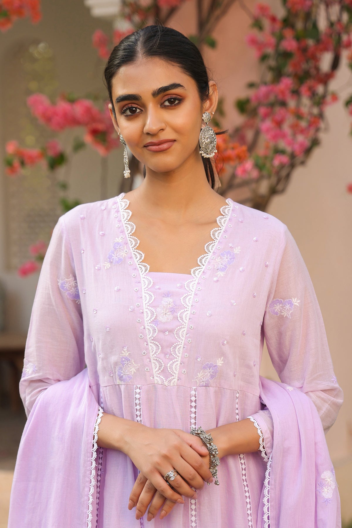 Lavender Mulmul Embroidered And Handwork Anarkali Suit Set With Dupatta