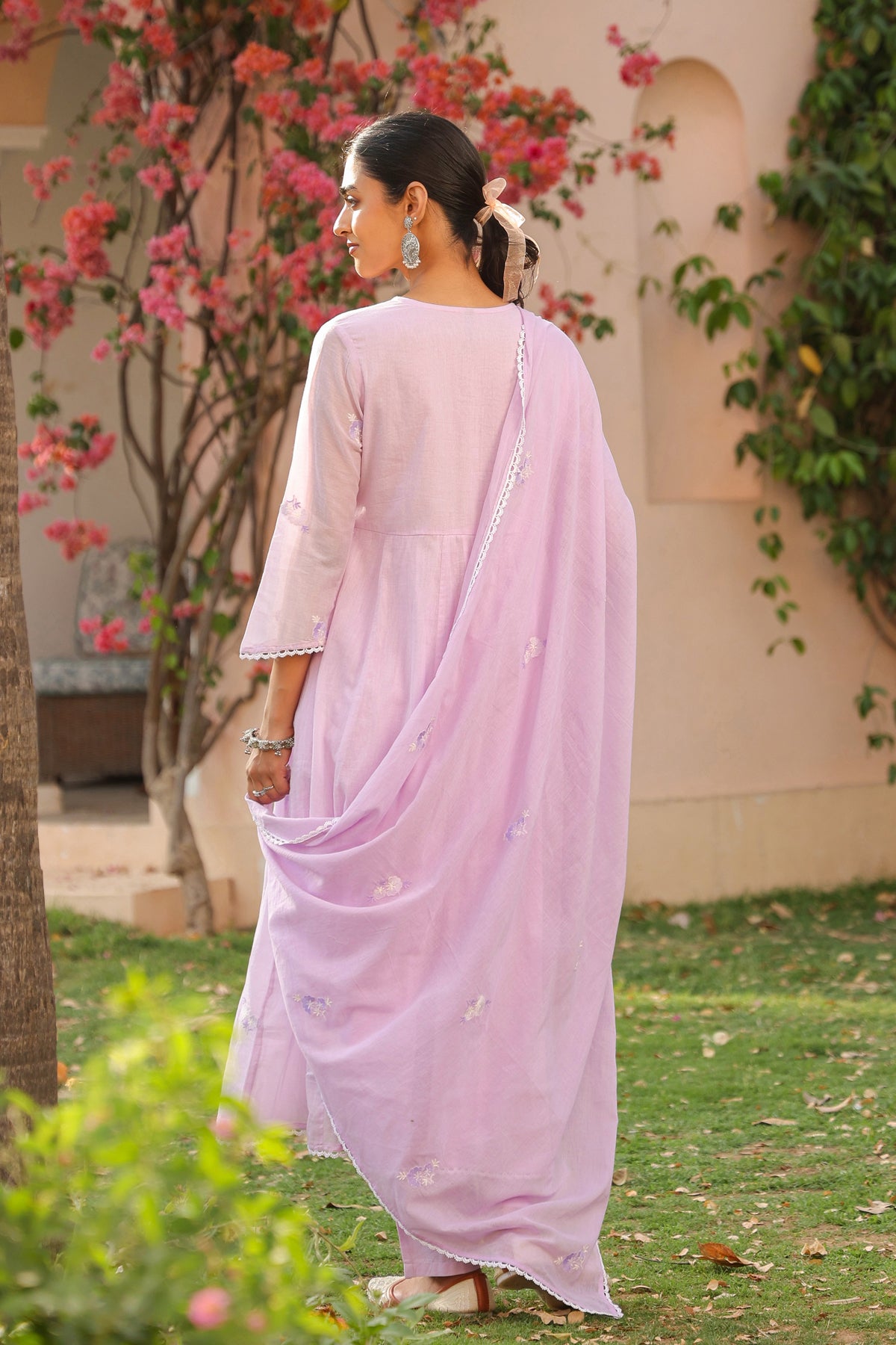 Lavender Mulmul Embroidered And Handwork Anarkali Suit Set With Dupatta
